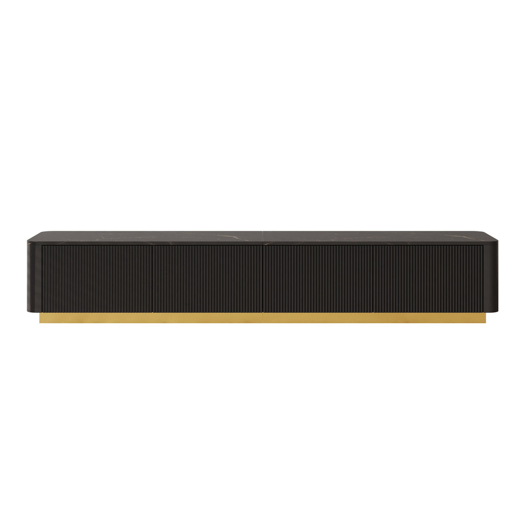 ON-TREND Luxury Fluted TV Stand for TVs Up to 85', Faux Marble Tabletop Media Console with 4 Drawers, Curved Profile Design, Modern Entertainment Center with Gold Base for Living Room, Black