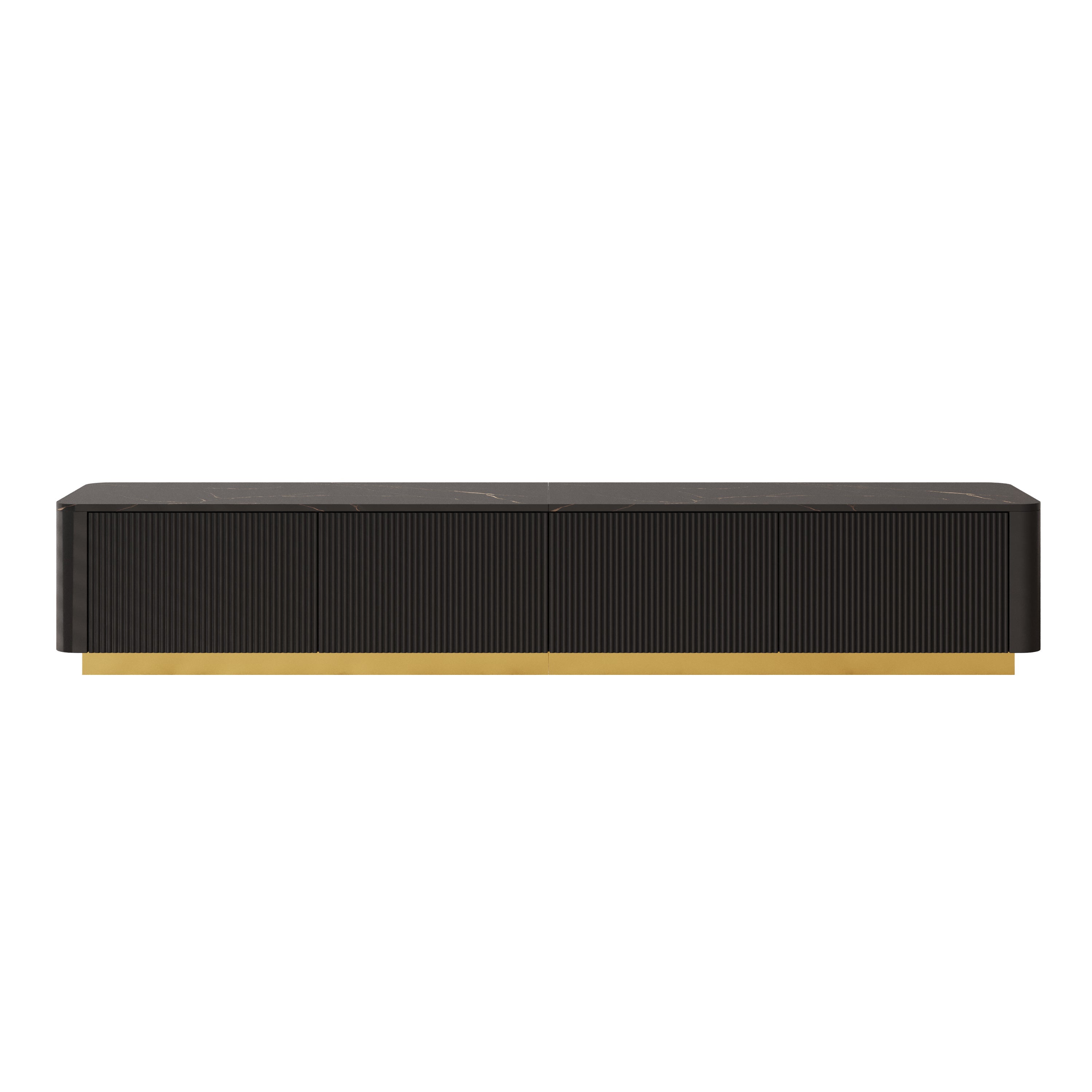 ON-TREND Luxury Fluted TV Stand for TVs Up to 85', Faux Marble Tabletop Media Console with 4 Drawers, Curved Profile Design, Modern Entertainment Center with Gold Base for Living Room, Black