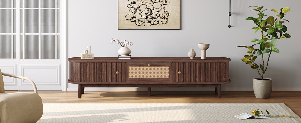 Modern Design TV Stand for 75' TVs, Media Console TV Cabinet with Rattan-Front Drawer for Living Room, 1 Drawer and 2 Sliding-Door Cabinets