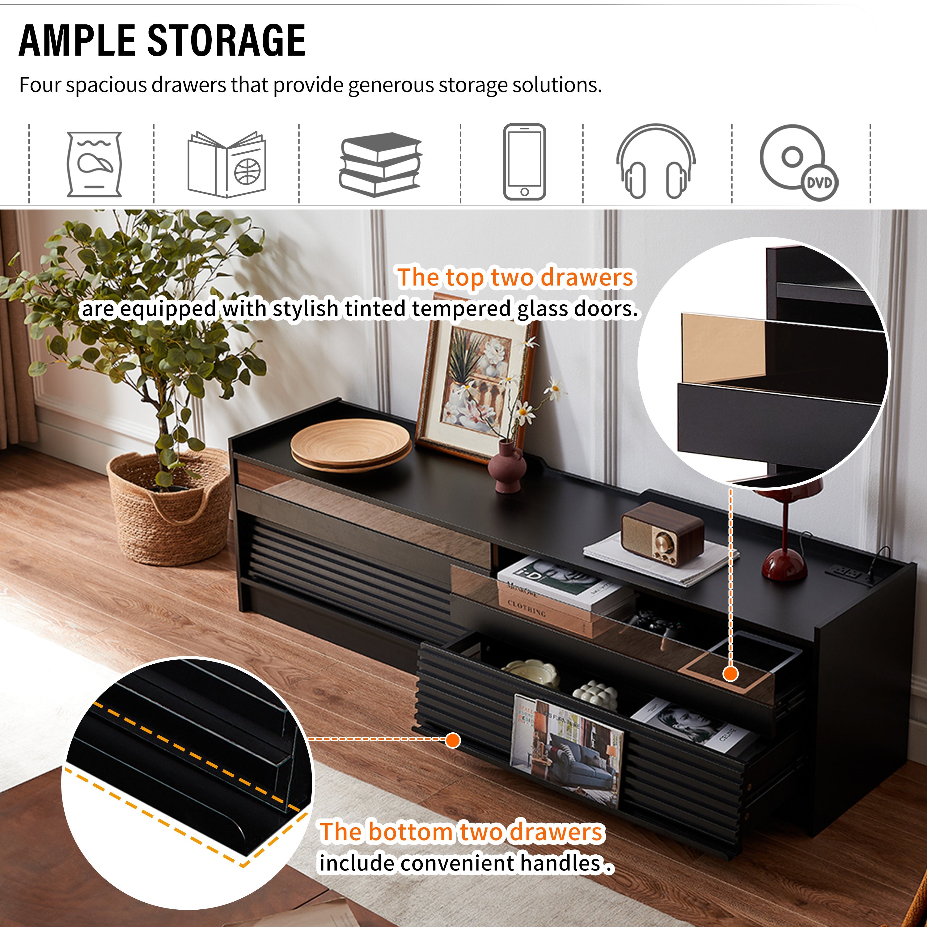 Mirod Modern TV Stand with Ample Storage,4 Drawer Design with Tempered Glass ,Built-in Charging Ports and Ambient LED Lighting ,Versatile for Any Decor Style