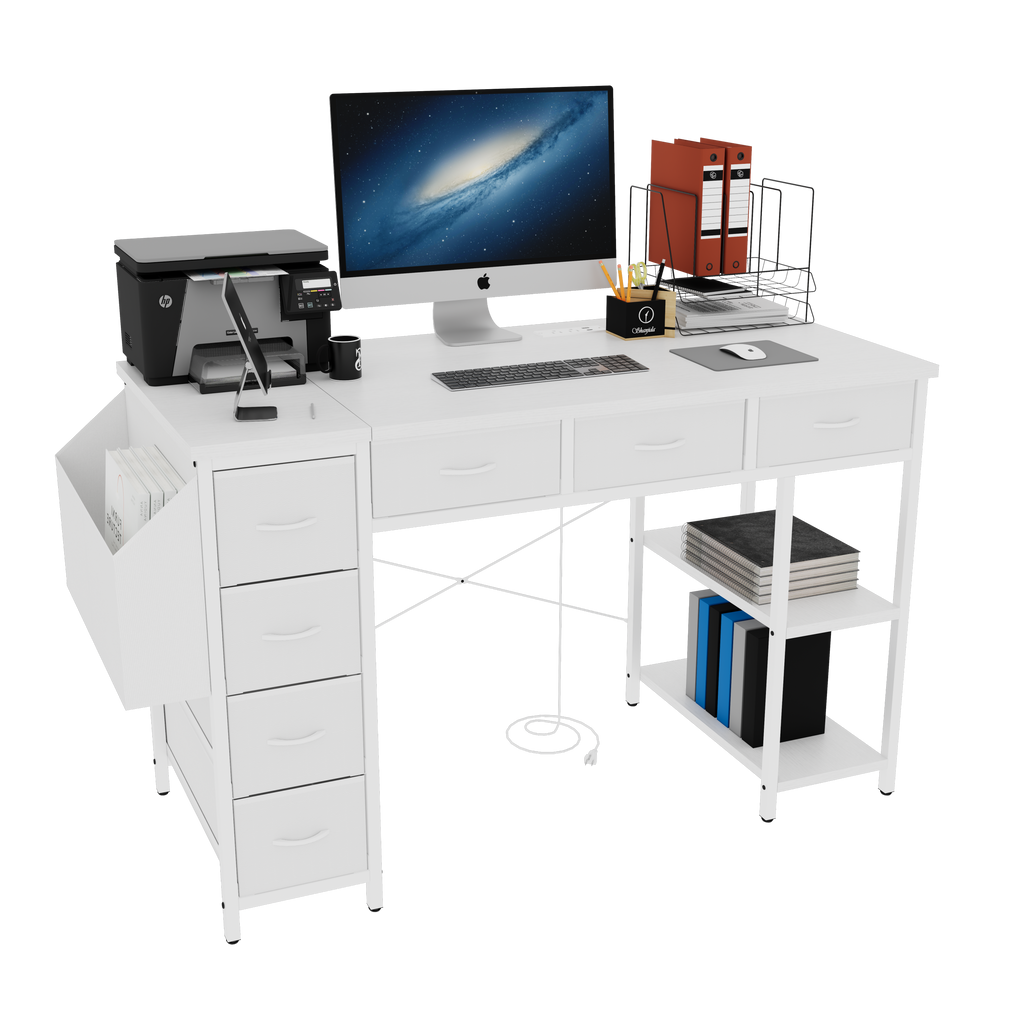 47' Computer Desk With Power Outlet,Writing Desk,Home Office desk,Vanity table with 7 Fabric Drawers, Large Side Pocket,White