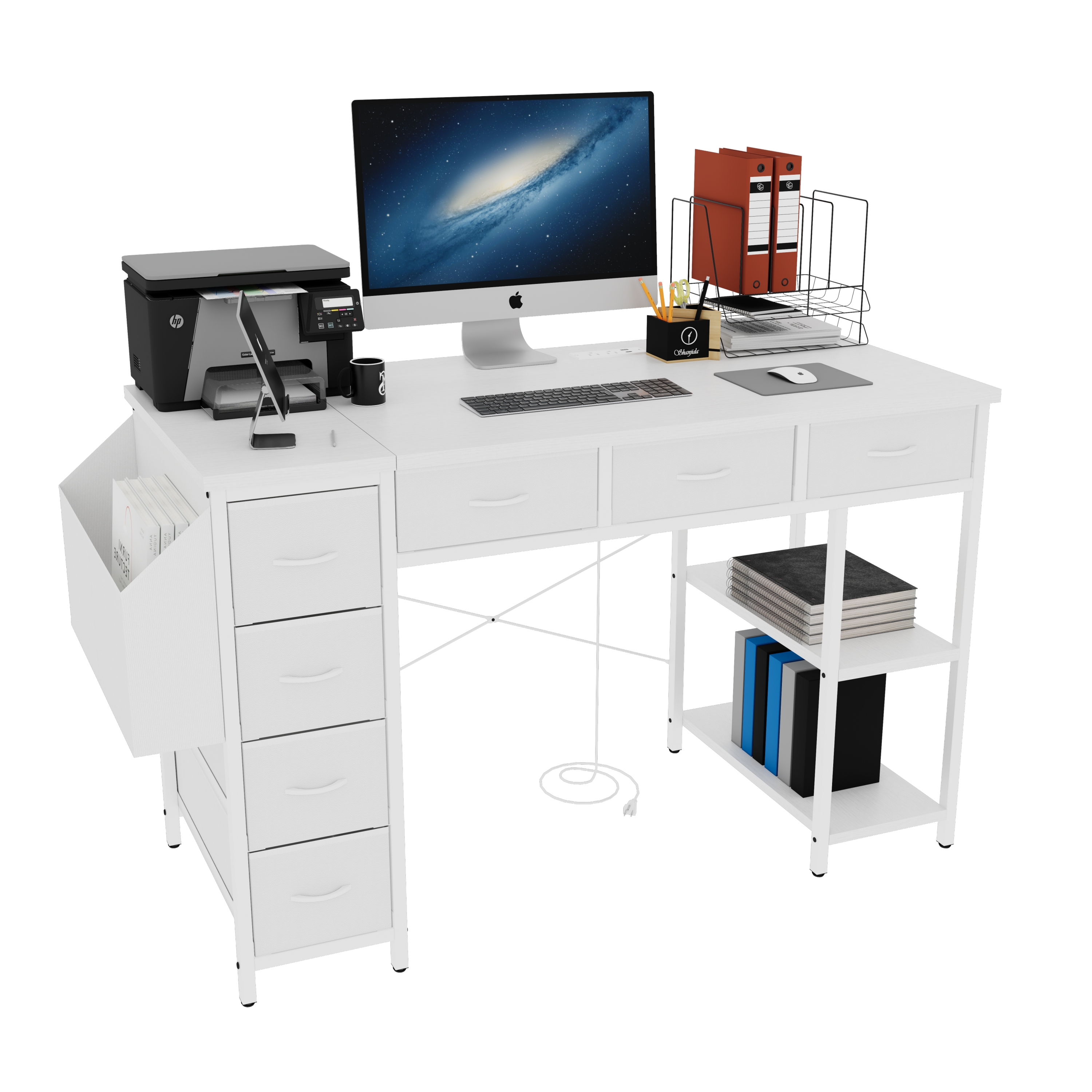 47' Computer Desk With Power Outlet,Writing Desk,Home Office desk,Vanity table with 7 Fabric Drawers, Large Side Pocket,White