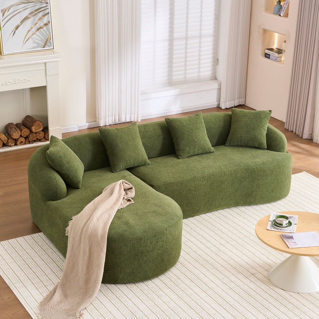 Compression Sponge L-Shape Sectional Sofa with Curved Chaise, Green Modular Chenille Couch No Assembly Required, 30D High-Density for Living Room Bedroom Apartment Lounge.