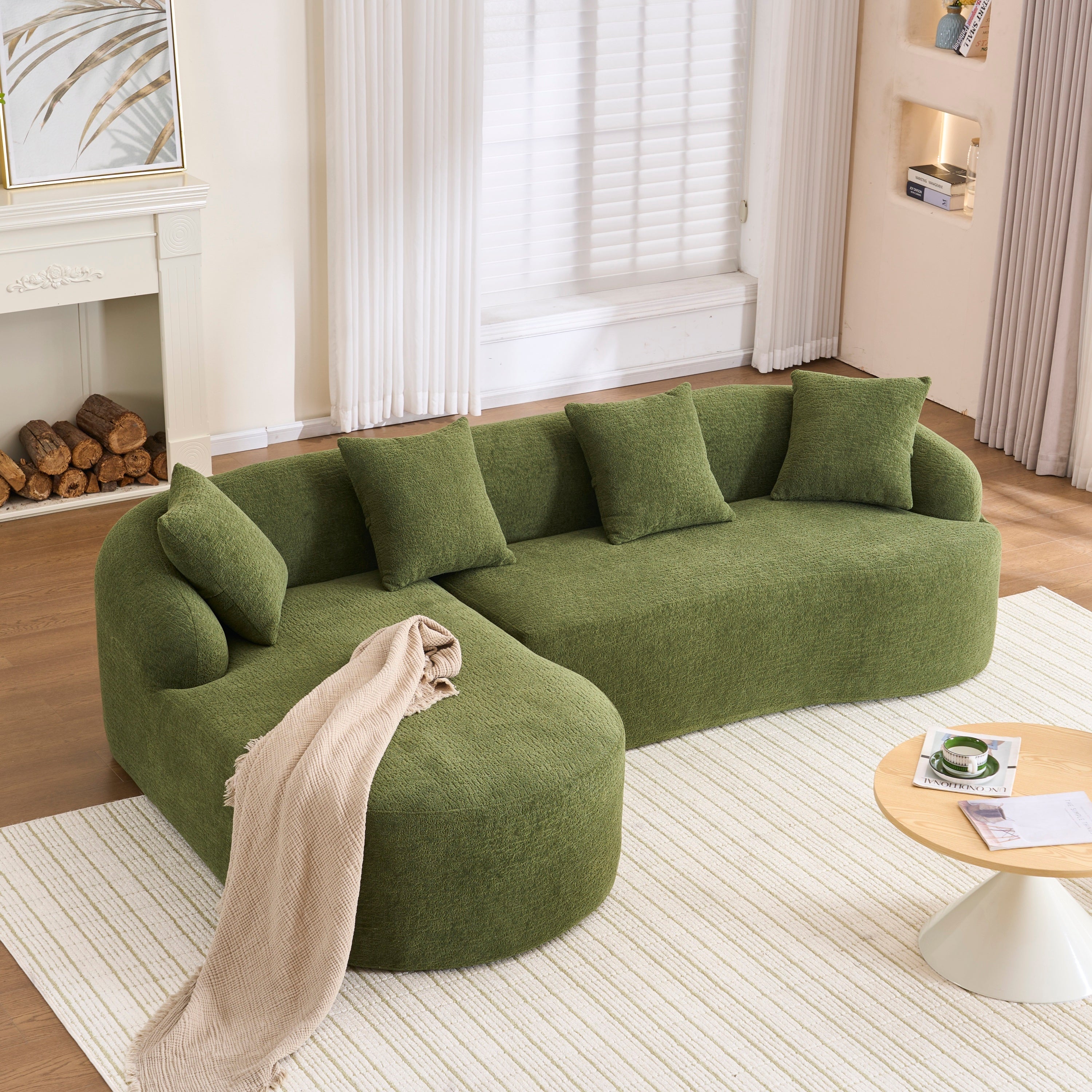 Compression Sponge L-Shape Sectional Sofa with Curved Chaise, Green Modular Chenille Couch No Assembly Required, 30D High-Density for Living Room Bedroom Apartment Lounge.