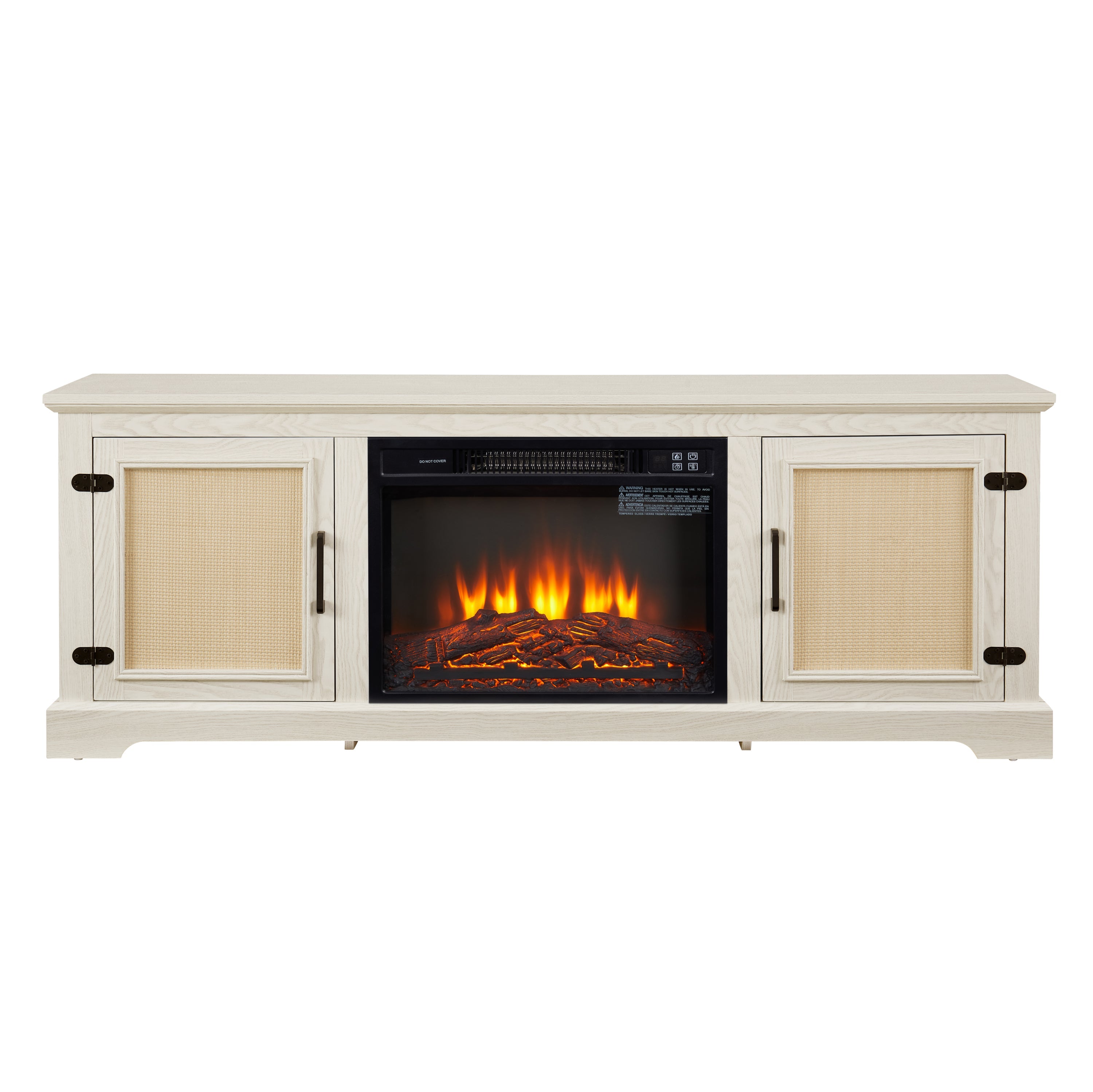 Natural Rattan Door Cabinet with Adjustable Shelf Wood, Farmhouse Rattan TV Stand Console Table for TVs up to 70 Inches, Storage tv stand with 23' fireplace insert, 65'W*15.55'D*23.86'H, White