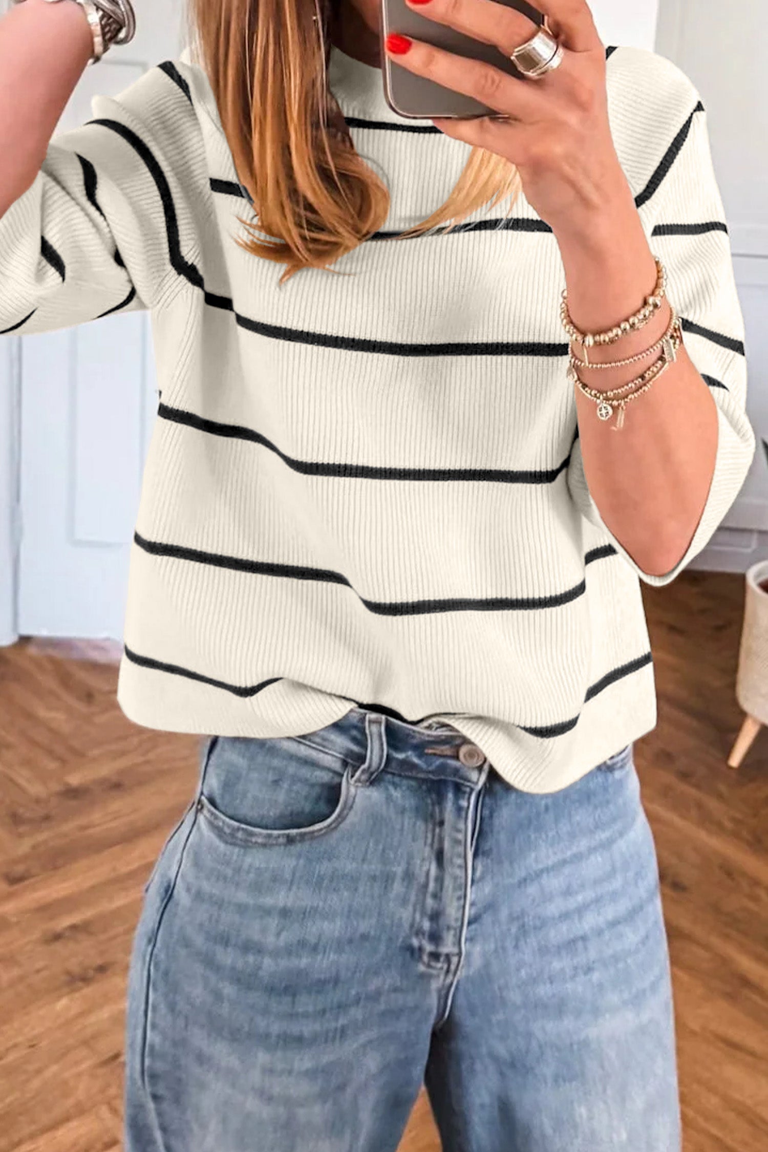Stripe Ribbed Knit 3/4 Sleeve Sweater Tee
