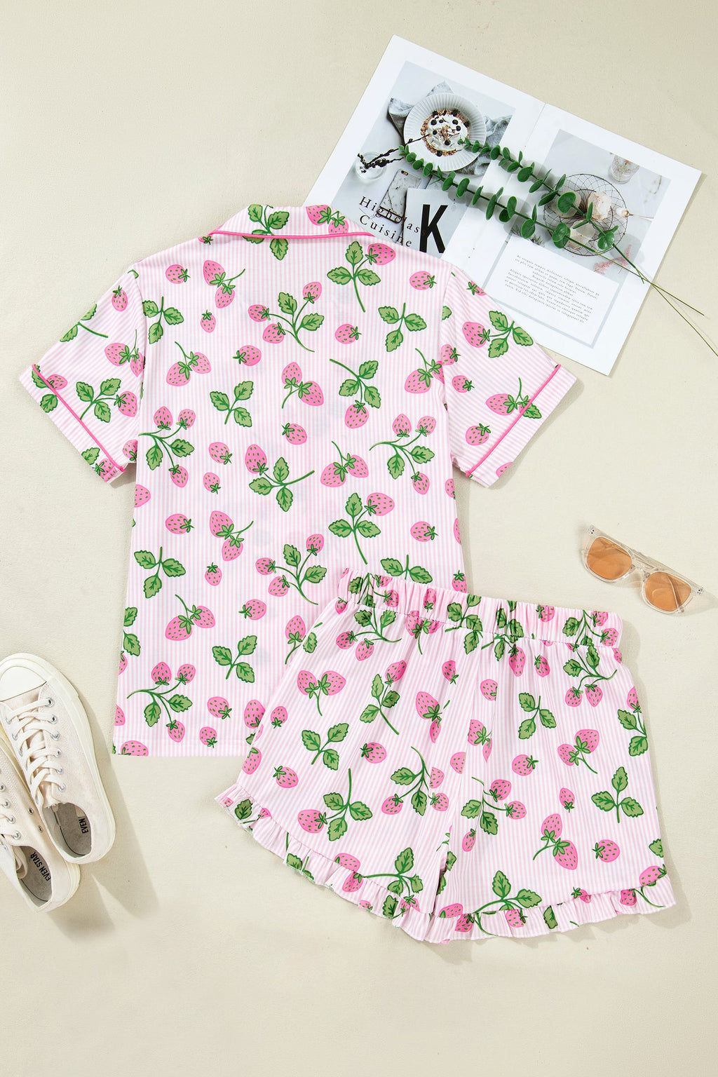 Stripe Strawberry Lapel Shirt & Drawstring Shorts Set