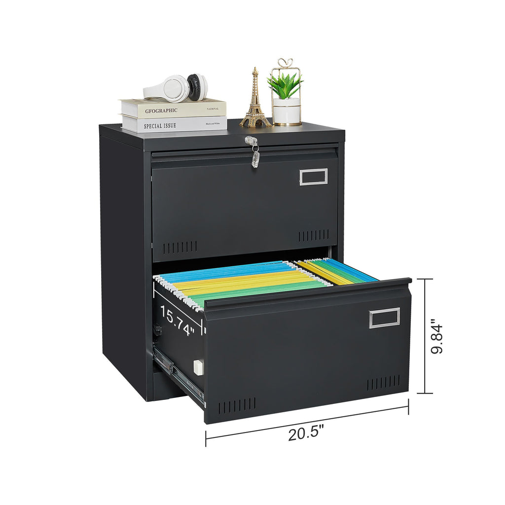 Modern Black Metal 2 Drawer Lateral File Cabinet with Lock for Home Office Use