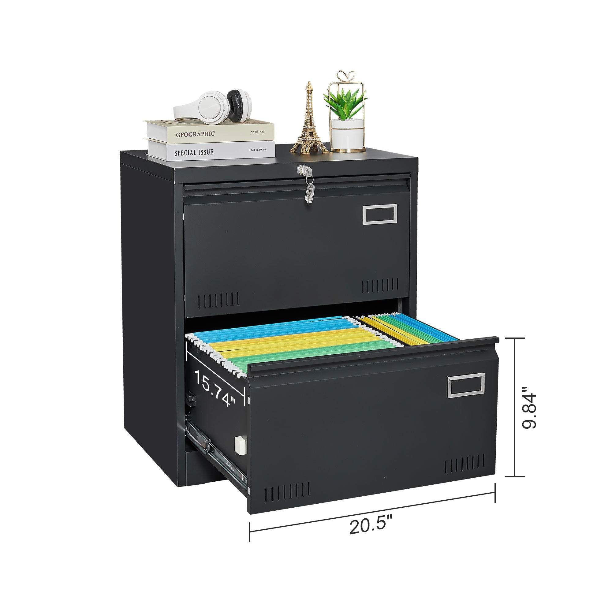 Modern Black Metal 2 Drawer Lateral File Cabinet with Lock for Home Office Use