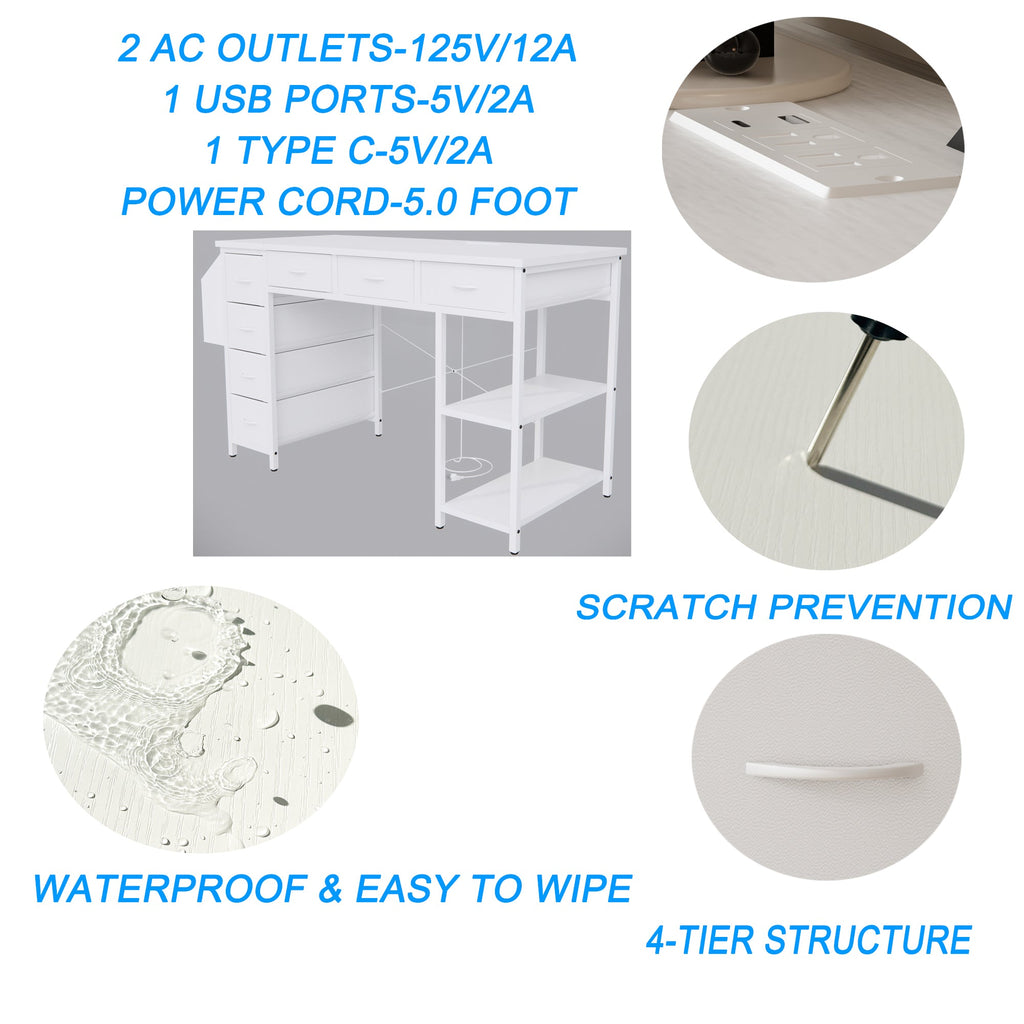 47' Computer Desk With Power Outlet,Writing Desk,Home Office desk,Vanity table with 7 Fabric Drawers, Large Side Pocket,White