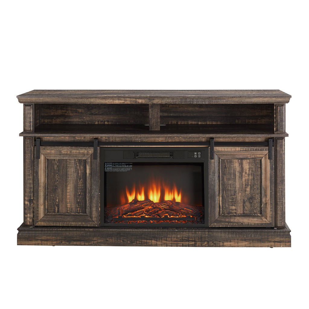 Modern Entertainment Console TV Stand with 23' Fireplace Insert, Multipurpose Sliding Door TV Cabinet Large Storage Space, 58.11'W*15.79'D*32.36'H Antique brown