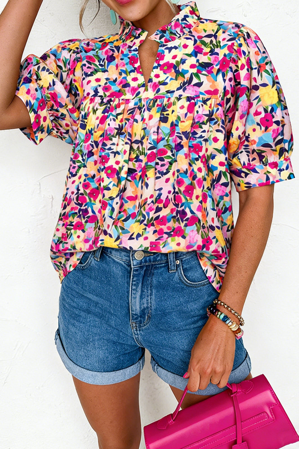 Flower Frilled Collar Puff Sleeve Blouse