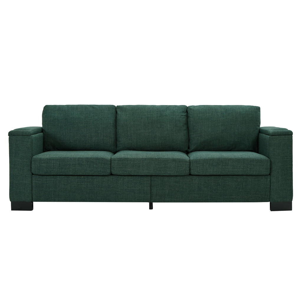 93.7' Modern Style Living Room Sofa Fabric Couch,Square Arm Sofa with Cup Holder,Storage Sofa,Upholstered Polyester Green.