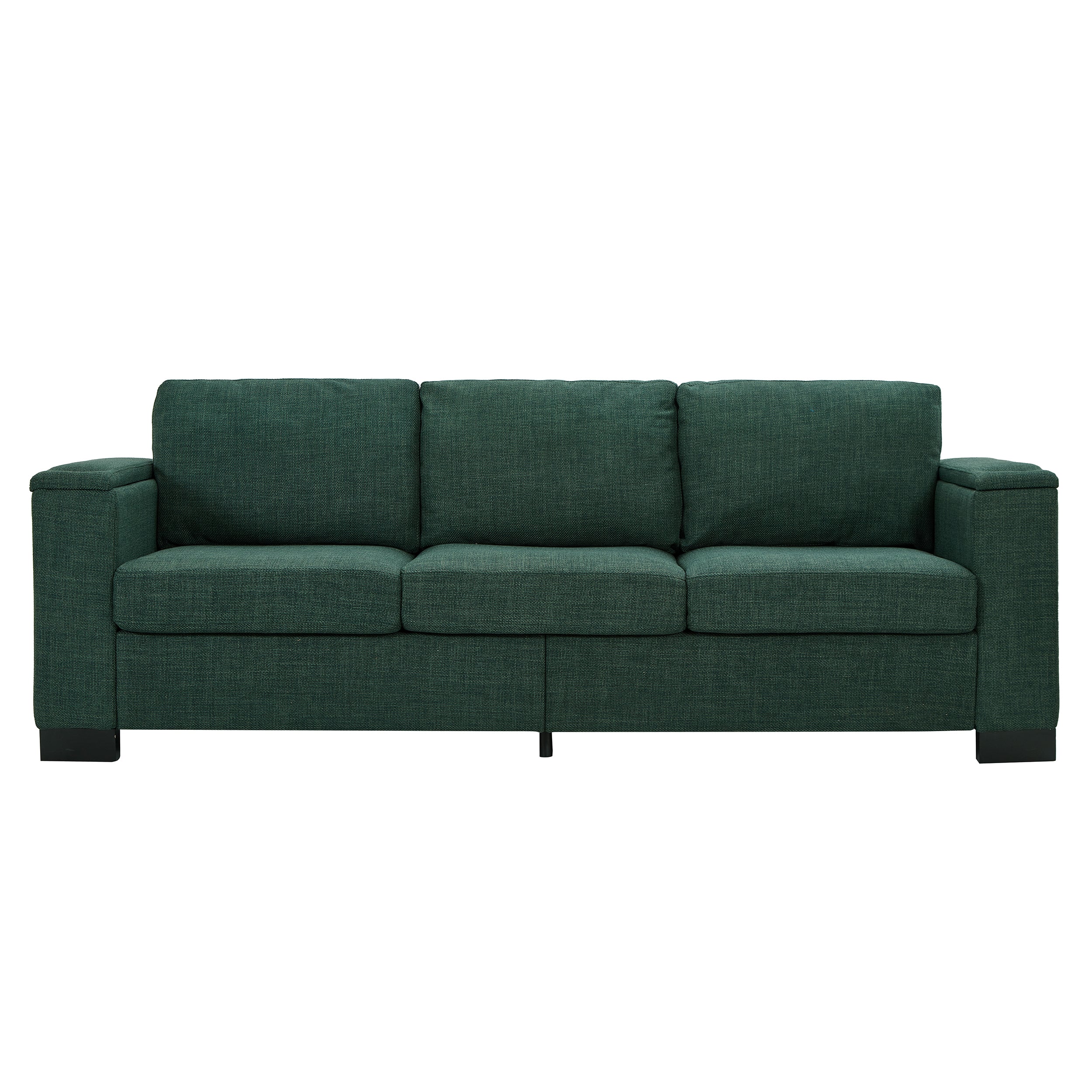 93.7' Modern Style Living Room Sofa Fabric Couch,Square Arm Sofa with Cup Holder,Storage Sofa,Upholstered Polyester Green.