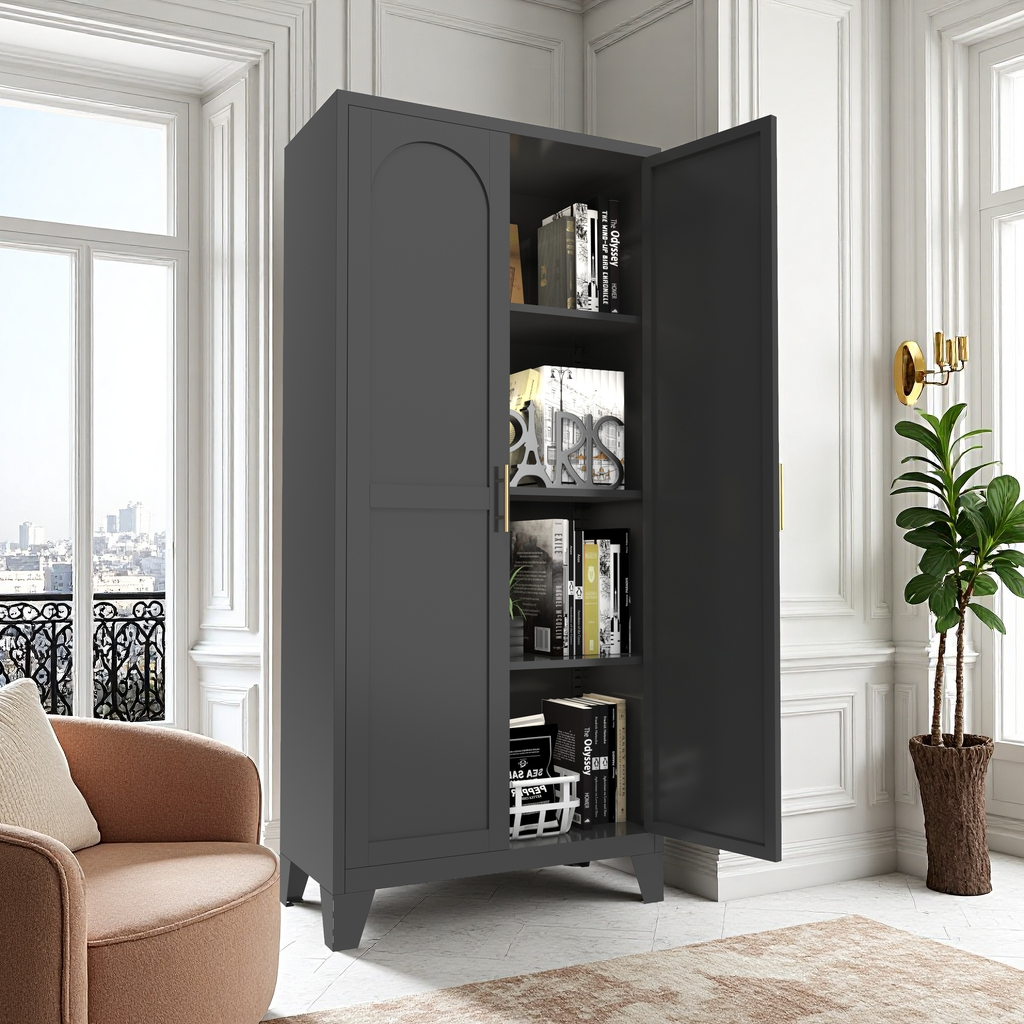 61'' 2 Shapely Doors Cabinet, Metal Storage Cabinet with Doors and Adjustable Shelves, for Bedroom, Living Room(Black)