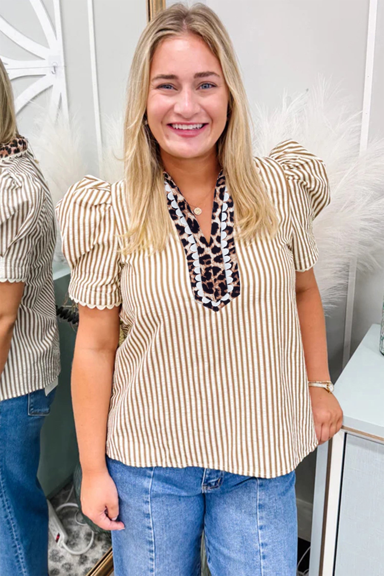 Leopard Patchwork Collared V-Neck Puff Sleeve Blouse