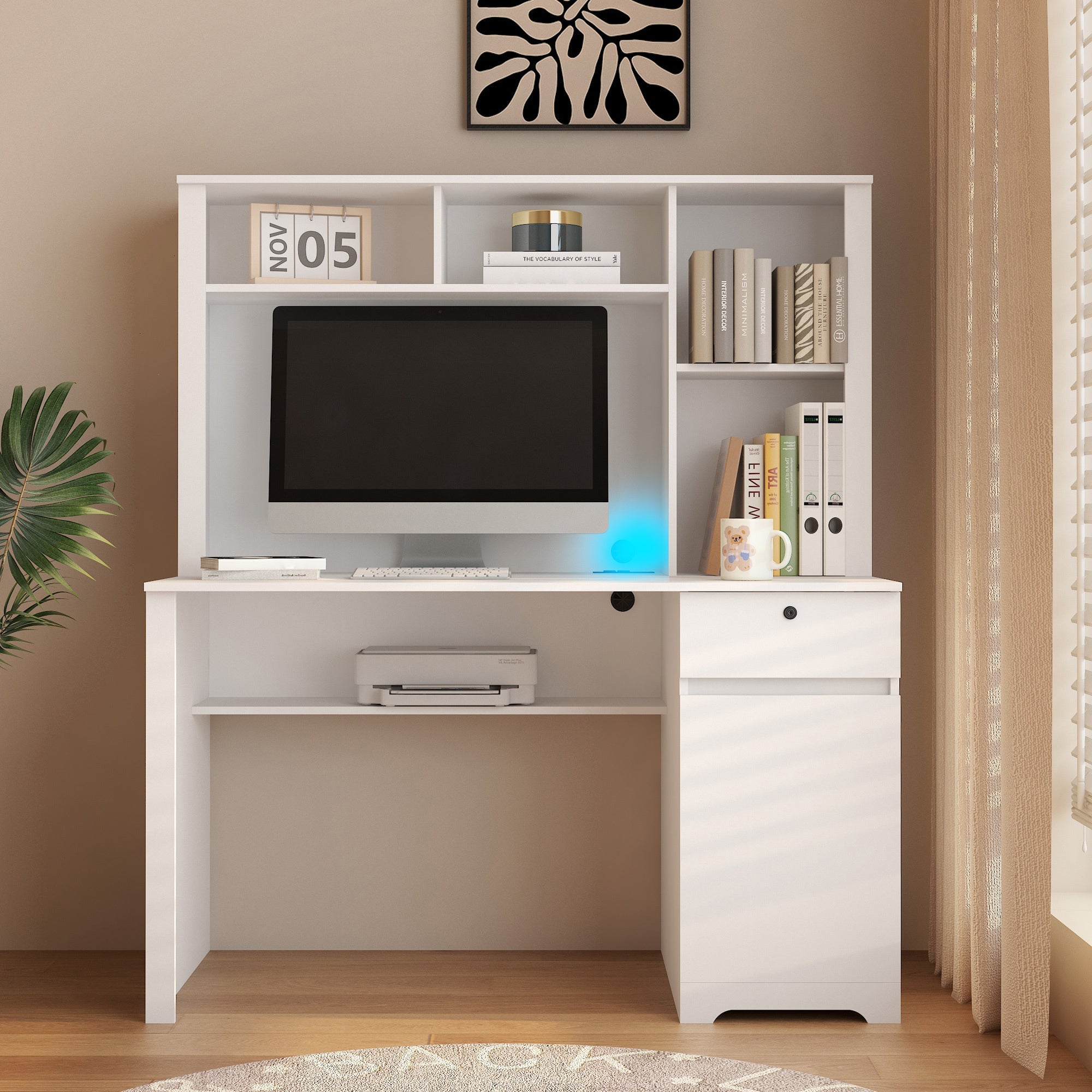 Modern Wooden Computer Desk with Hutch & Bookshelf, White Home Office Desk with Drawers, 3 AC Outlets, 2 USB Ports