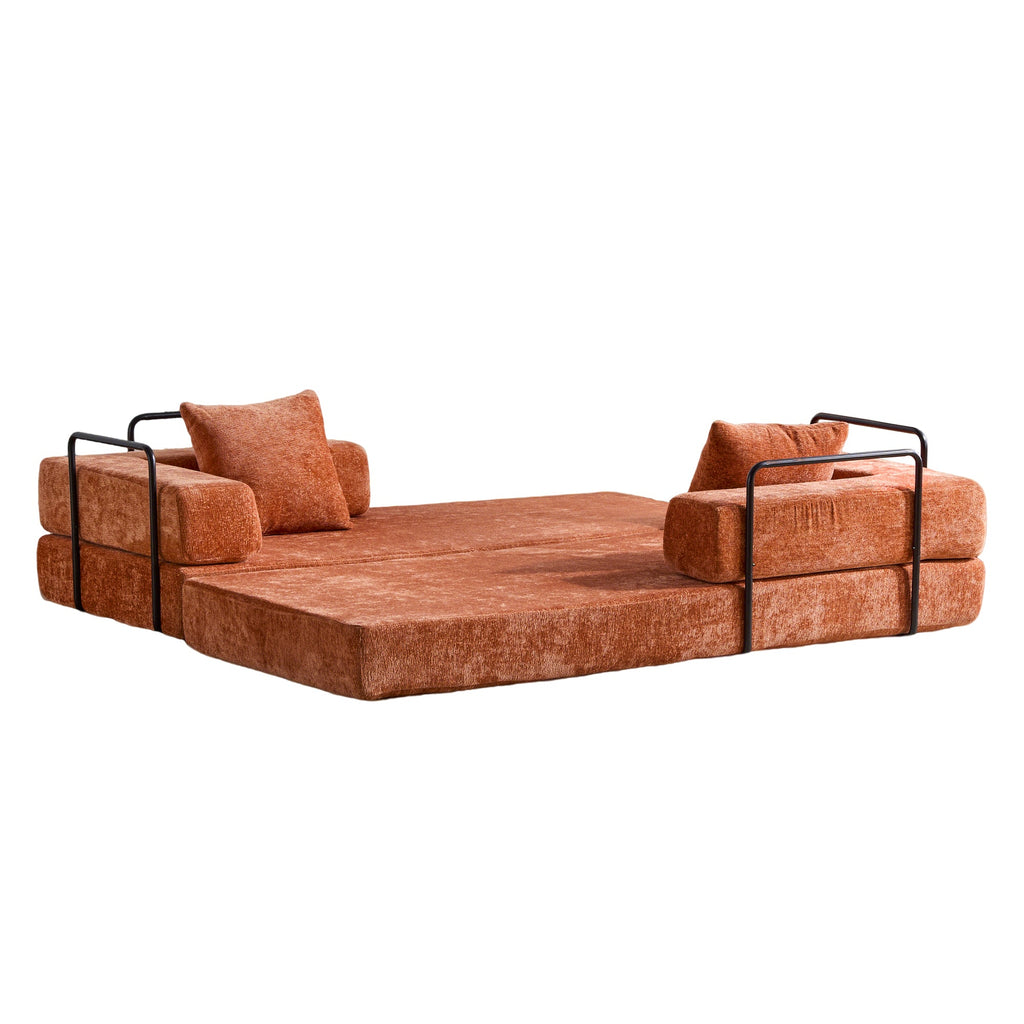 Floor Couch,Compression Sofa,Convertible Floor Sofa Bed-with Pillow Back Support Armrest,Comfy Futon Couch Lounge Sleeper Bed,chenille fabric,for Living Room Bedroom (orange)
