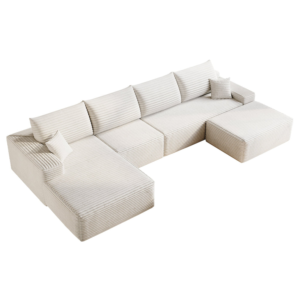 135' Cloud Sectional Sofa with 1 Ottoman,Modern Minimalist Upholstered Couches, Comfort U Shaped Sofa for Living Room,Deep Seat Corner Couch,No Assembly Required,Black (Plush Corduroy Fabric),White