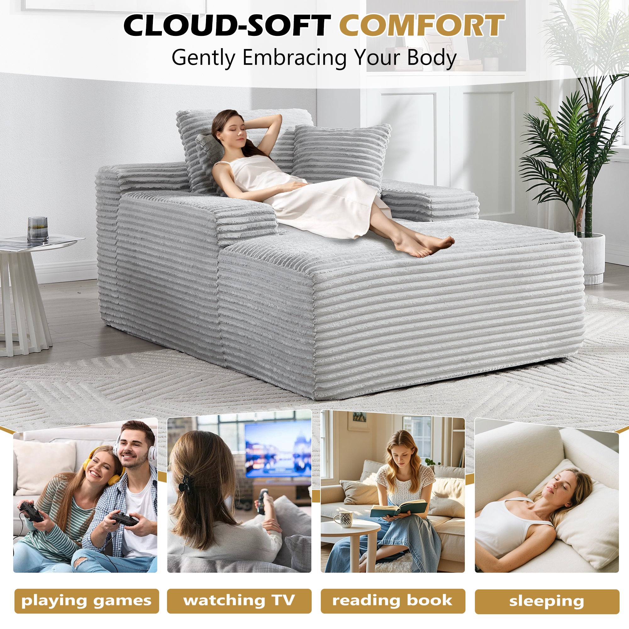 67' Chaise Lounge Chair 9.9'' Wide Armrest Indoor Corduroy Oversized Sleeper Sofa for Living Room Deep Seat Lounge and Three Soft Pillows Convertible Boneless Sofa Bed, Light Grey,No Assembly Required