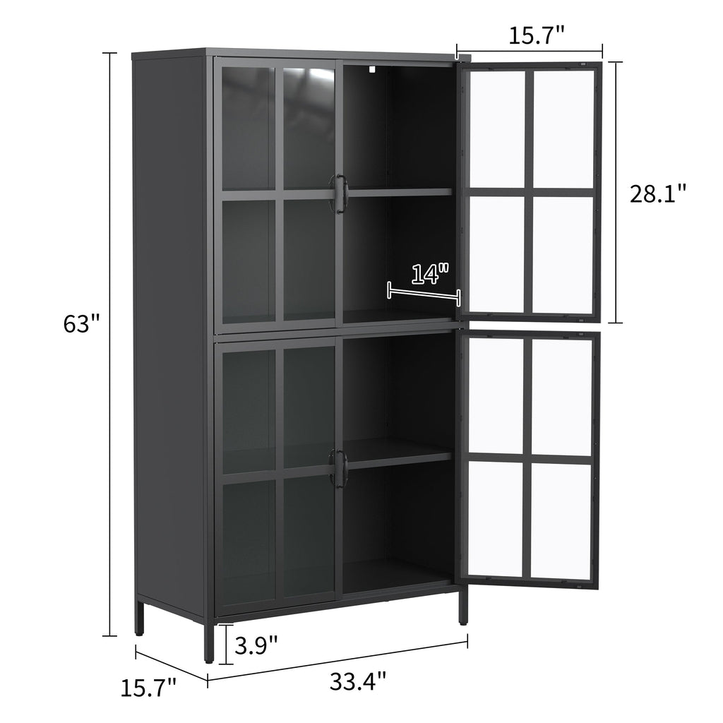 Premium Black Metal Storage Cabinet with Tempered Glass Doors, Adjustable Shelves, and Anti-Tipping Device