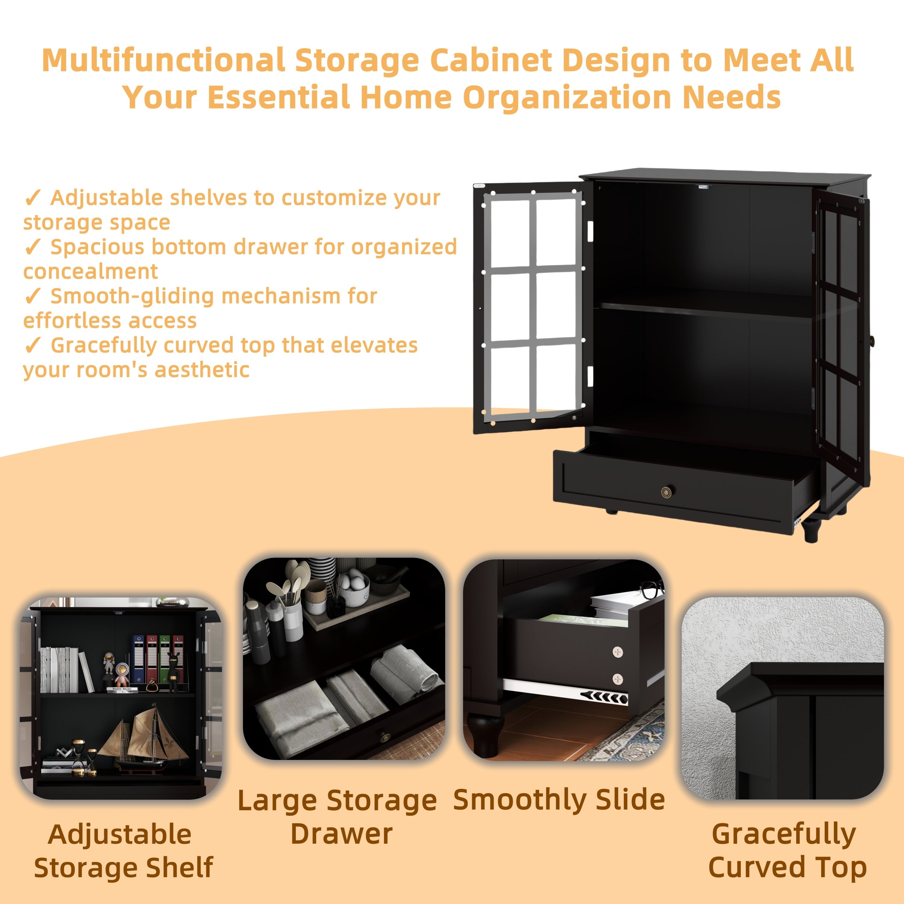 Minimalist Buffet Cabinet with Double Glass Doors and Drawer, Modern Wooden Storage Sideboard in Black