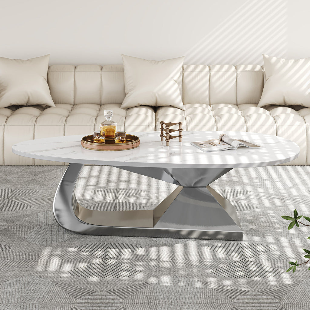 Modern Sintered Stone Tabletop Coffee Table with Stainless Steel Base - Elegant and Durable Living Room Centerpiece