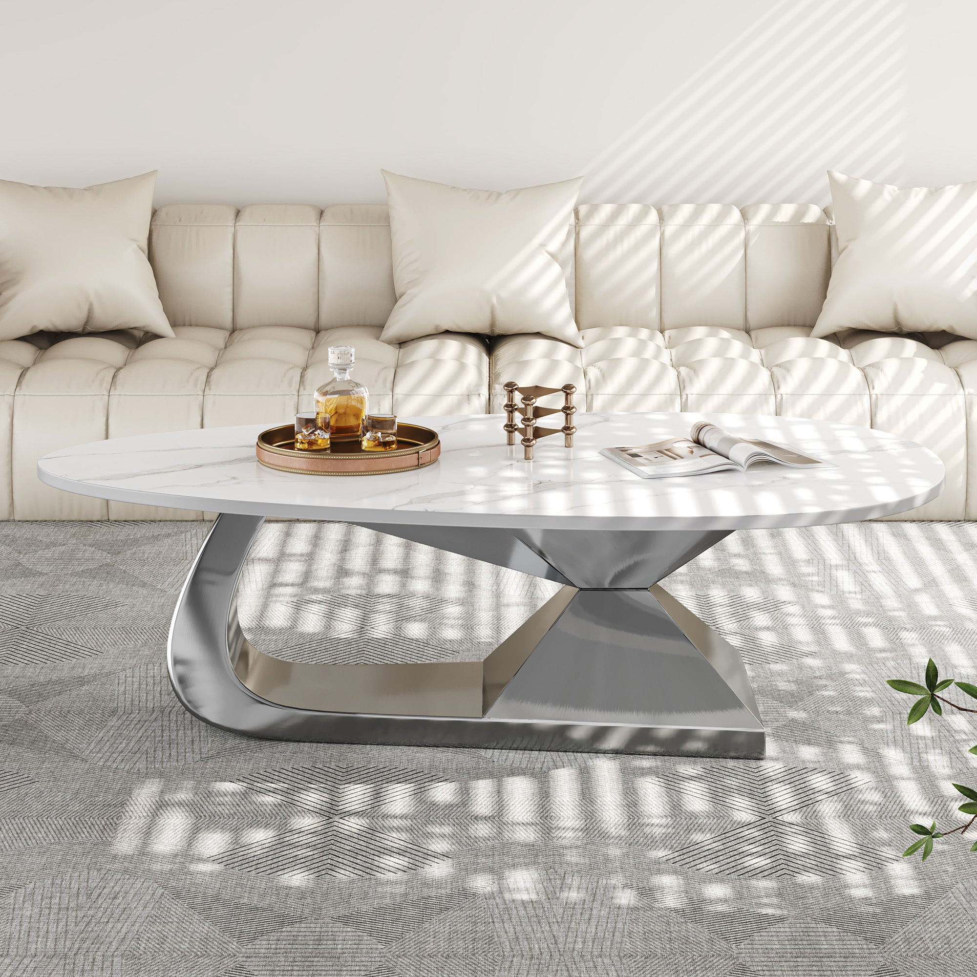 Modern Sintered Stone Tabletop Coffee Table with Stainless Steel Base - Elegant and Durable Living Room Centerpiece