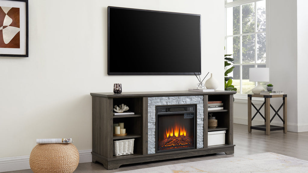 Mantel Electric Fireplace Stone TV Media Stand with Faux Stacked Stone Surround, Modern Entertainment Console with Open Storage Space with 18' Fireplace Insert ,Grey, 58.31'W*15.39'D*26.06'H