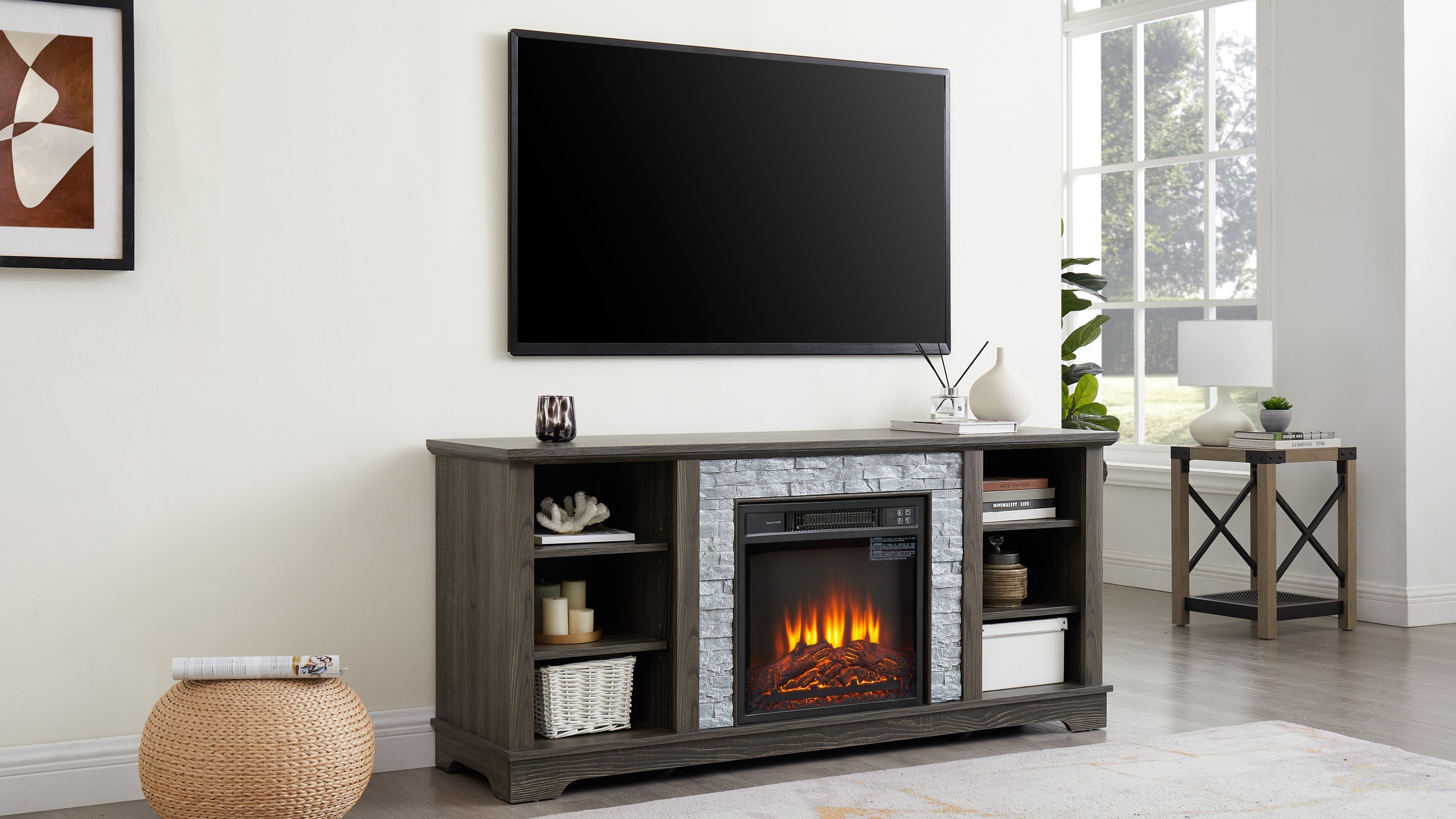 Mantel Electric Fireplace Stone TV Media Stand with Faux Stacked Stone Surround, Modern Entertainment Console with Open Storage Space with 18' Fireplace Insert ,Grey, 58.31'W*15.39'D*26.06'H