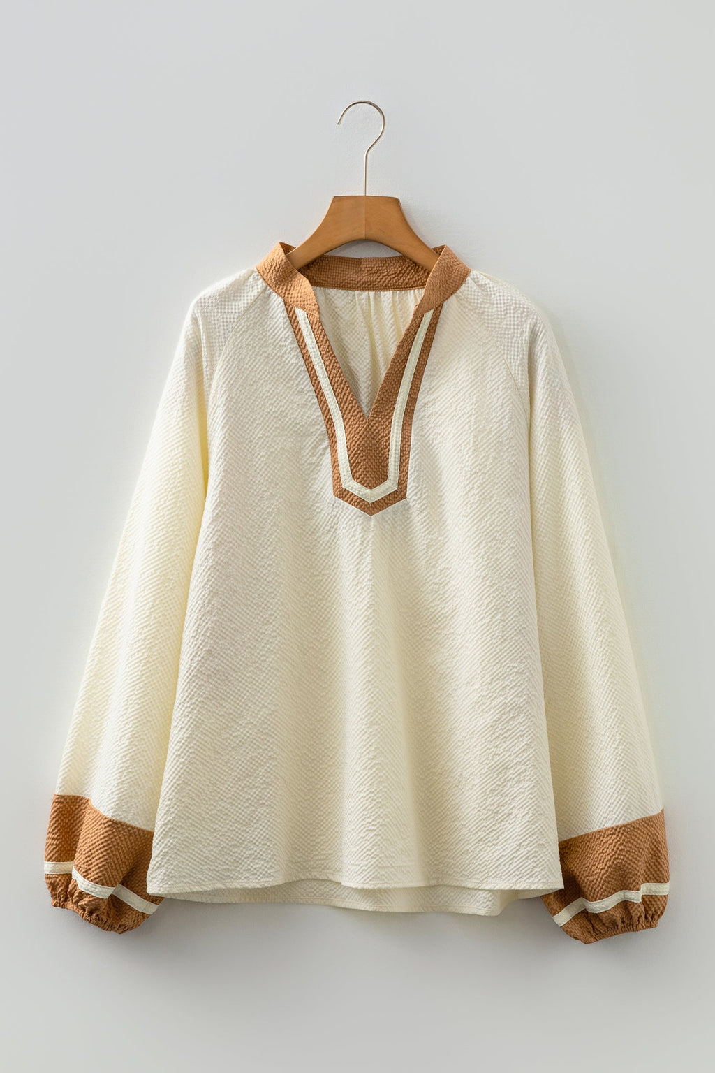 Colorblock V-Neck Textured Long Sleeve Blouse