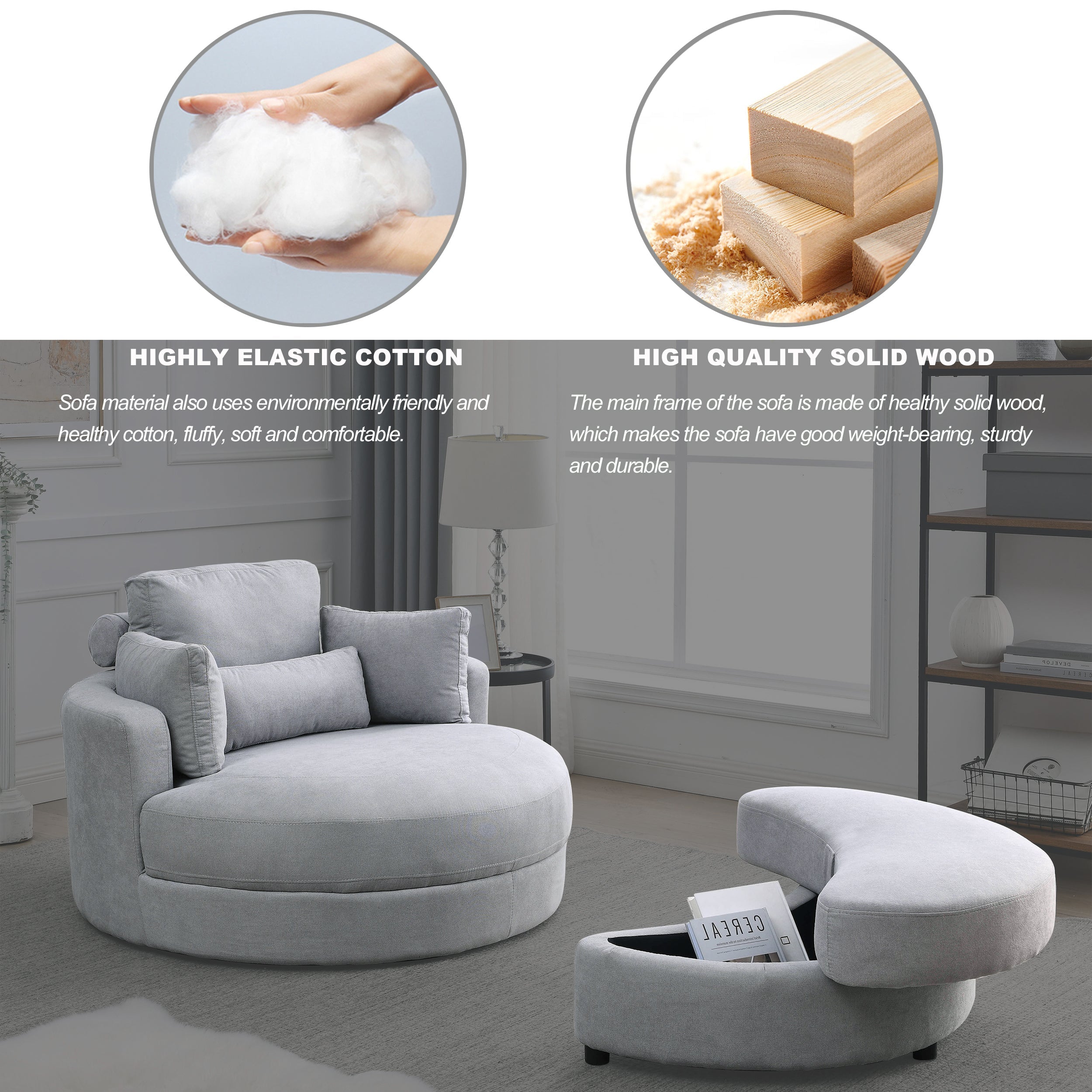 [Video] Welike Swivel Accent Barrel Modern Grey Sofa Lounge Club Big Round Chair with Storage Ottoman Linen Fabric for Living Room Hotel with Pillows
