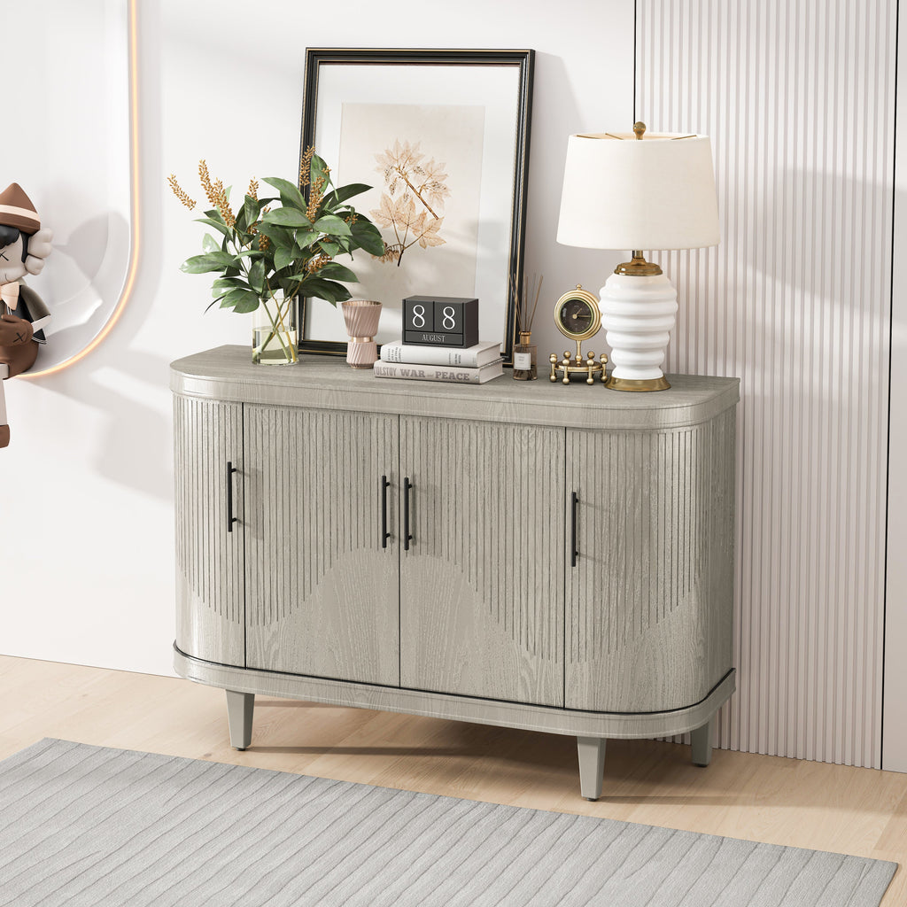 Modern Curved Sideboard 47.2-Inch Decorative Storage Cabinet Wooden Console Table Coffee Bar Cabinet with 4 Doors and Adjustable Interior Shelves for Living Room, Kitchen, Bedroom, Hallway (Champagne)