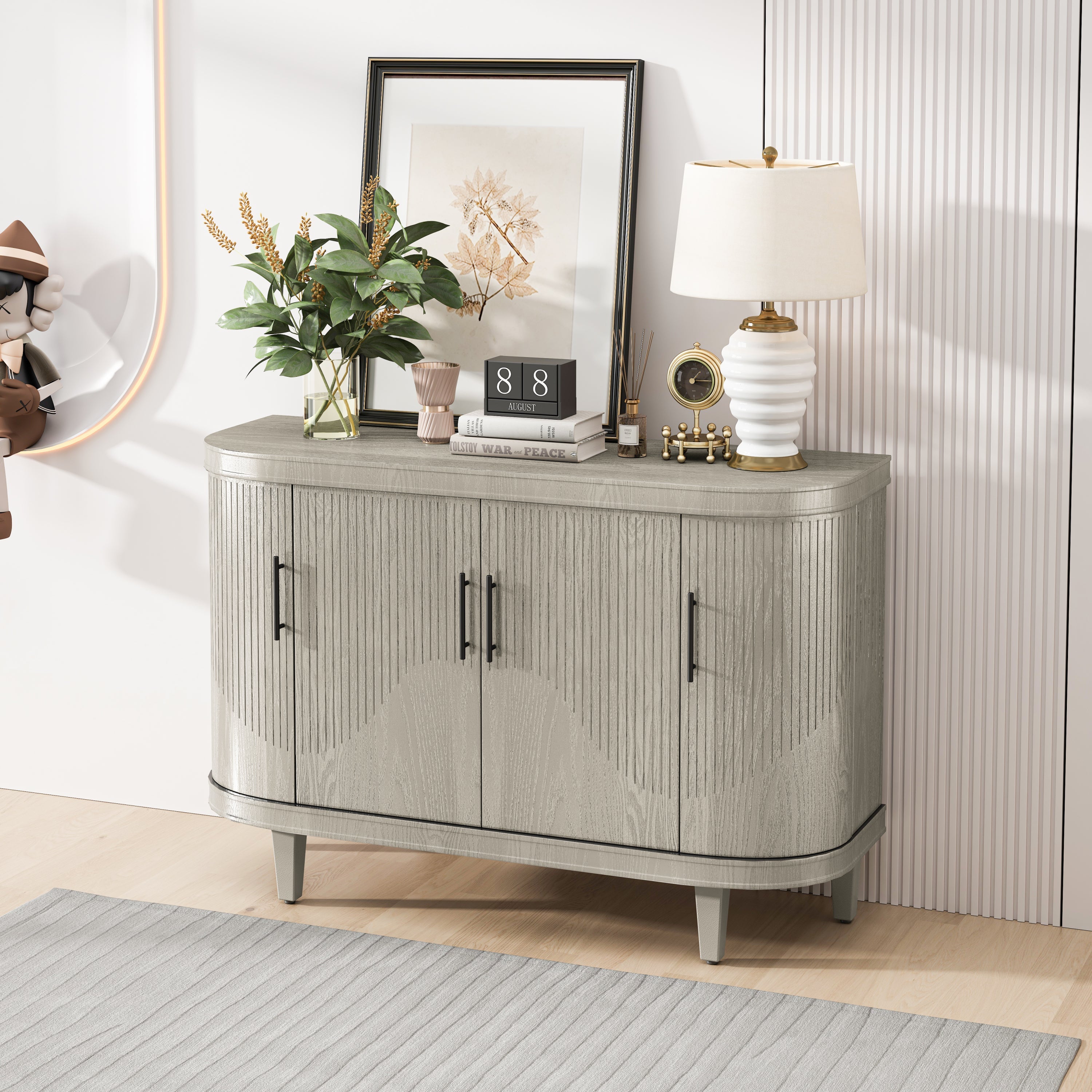 Modern Curved Sideboard 47.2-Inch Decorative Storage Cabinet Wooden Console Table Coffee Bar Cabinet with 4 Doors and Adjustable Interior Shelves for Living Room, Kitchen, Bedroom, Hallway (Champagne)