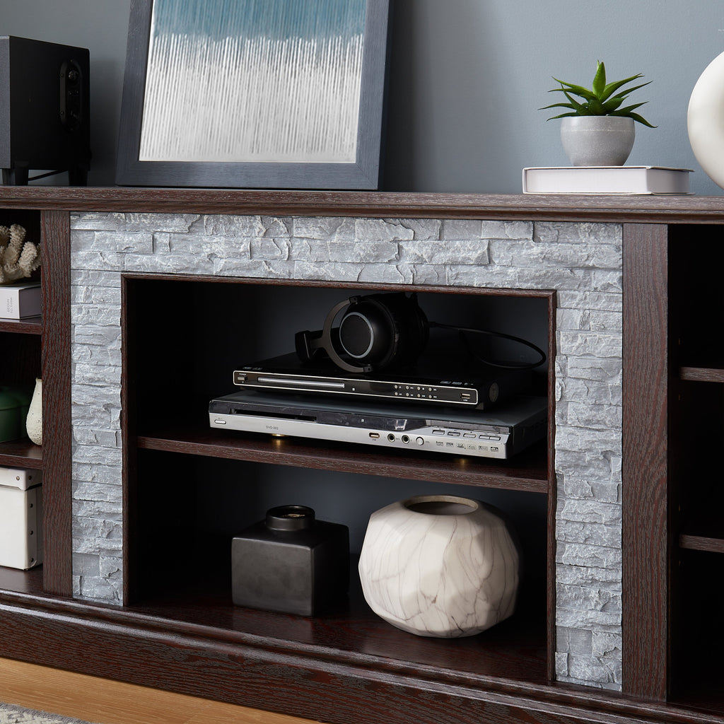 Large Faux Stacked Stone TV Stnad, Desk Storage Rack, Media Console Table with Large Storage Cabinet,Modern TV Media Entertaionment Stand,Cherry, 70.12'W*15.35'D*25.83'H