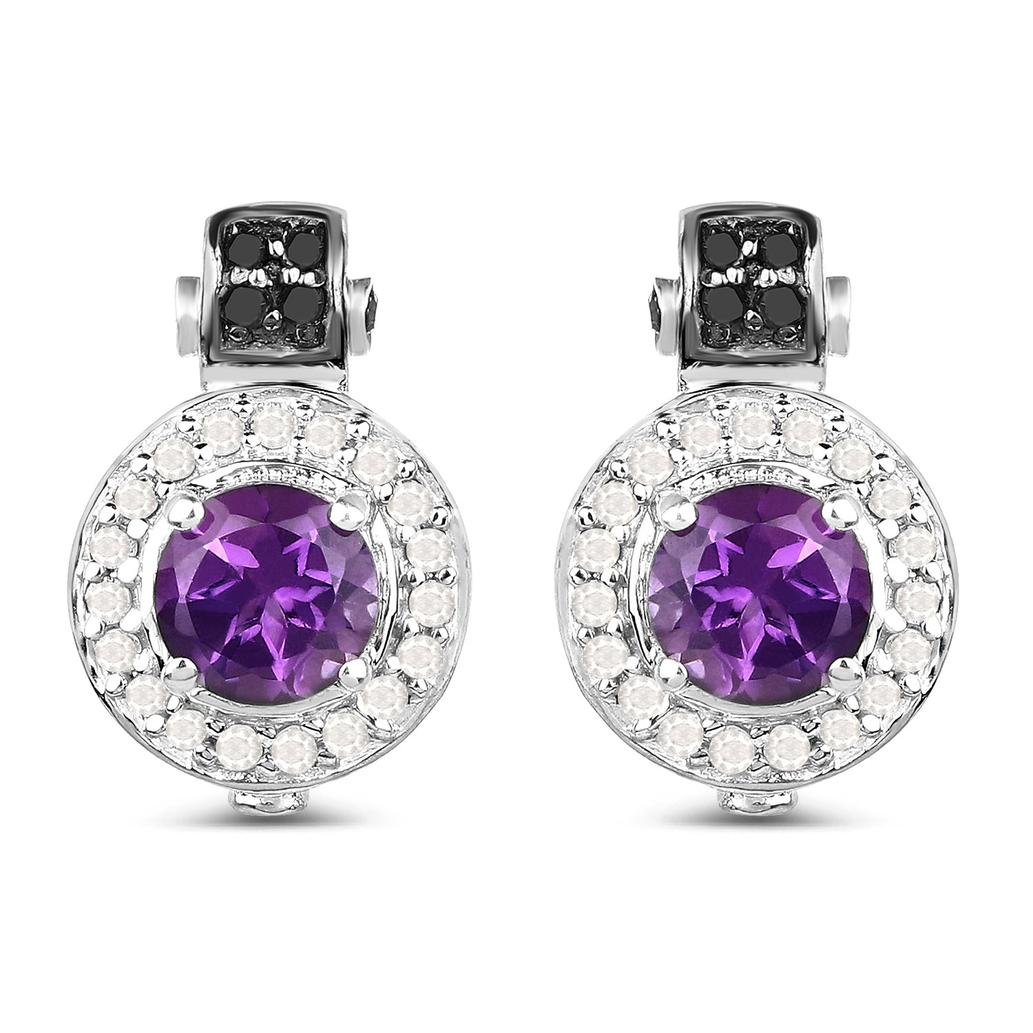 2.29 Carat Genuine Amethyst, Black Diamond and White Diamond .925 Sterling Silver Earrings