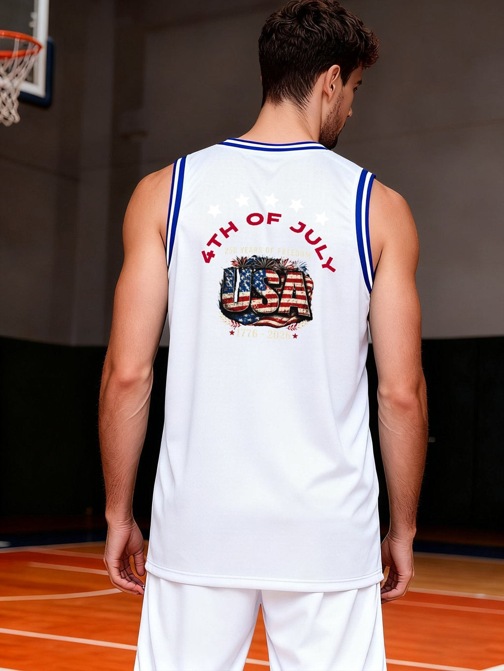 4th of July Adult White with Blue Trim Basketball Uniform | Ships From USA