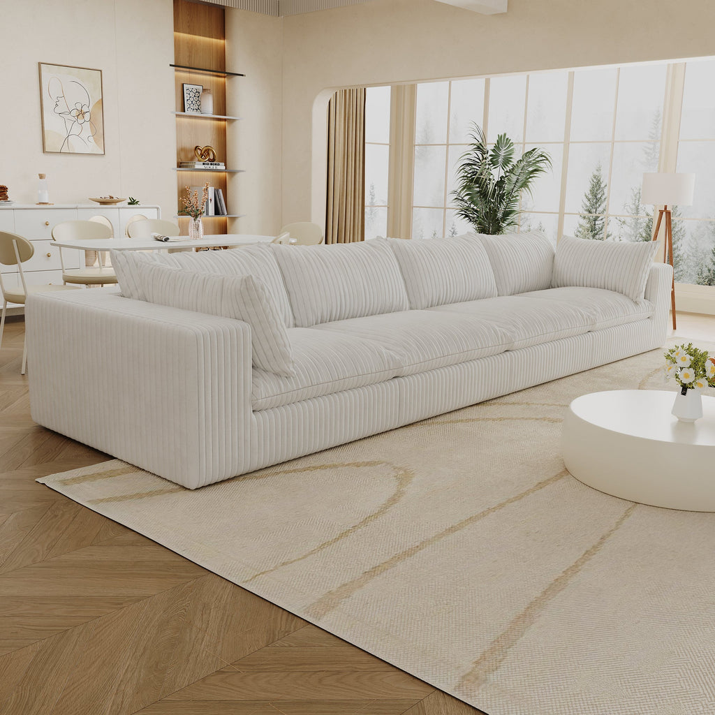 157.6'Cloud Sofa,Corduroy Fabric,Deep Seat Couches,Double-layer design,Removable  Cushion,No Assembly,DIY Combination for Living room, Bedroom,Conference room ,Apartment,White