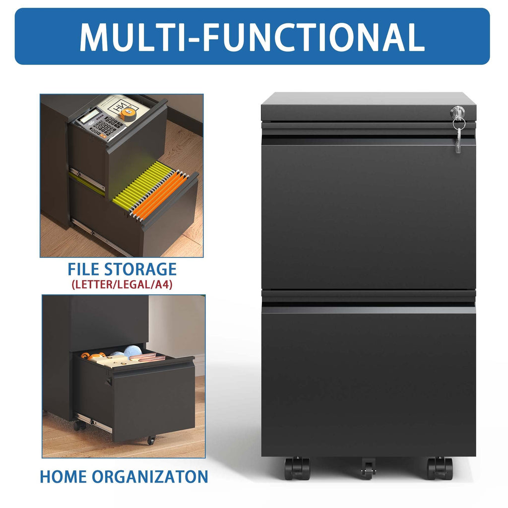 Sleek Modern 2 Drawer Metal Mobile File Cabinet with Lock, Black, Compact Size