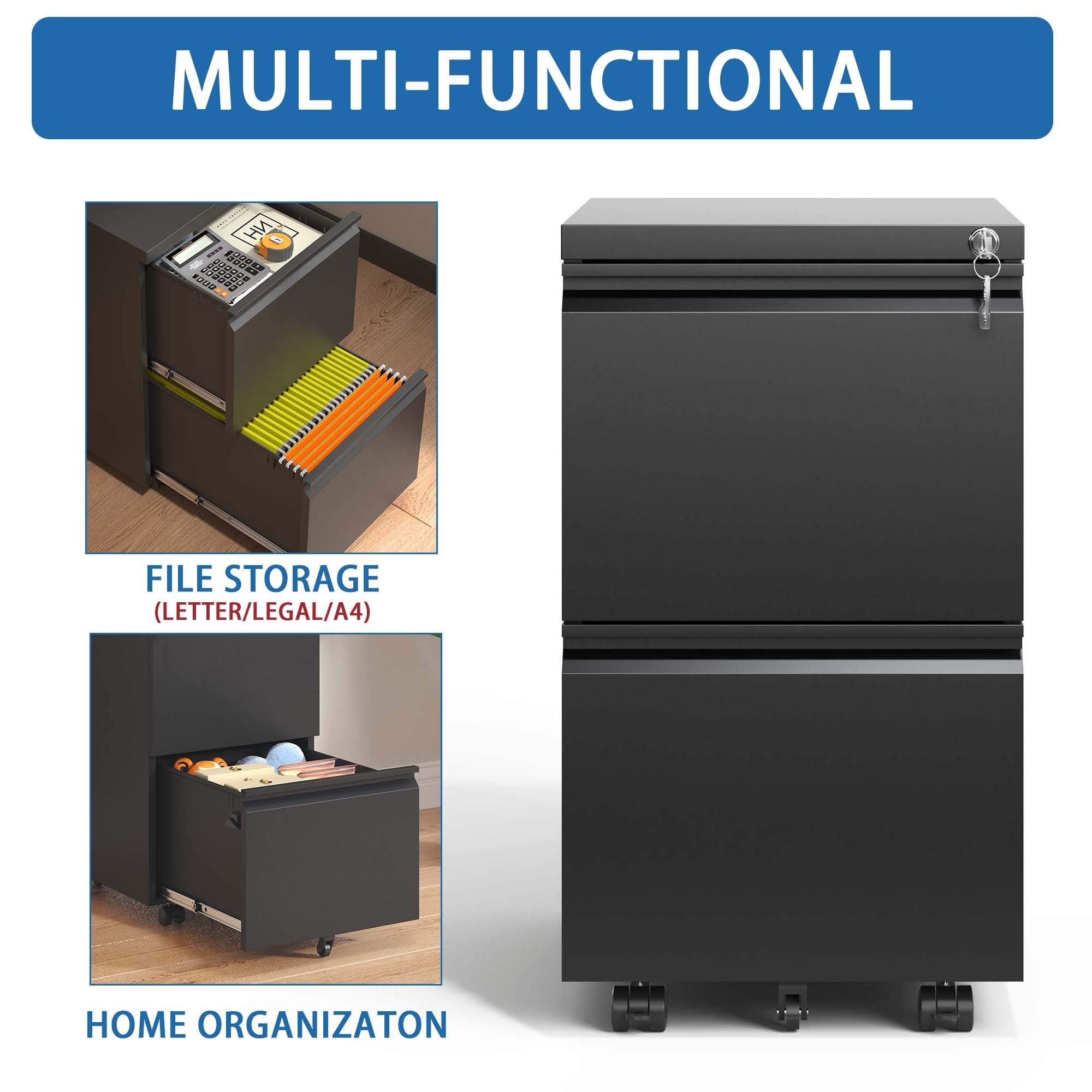 Sleek Modern 2 Drawer Metal Mobile File Cabinet with Lock, Black, Compact Size