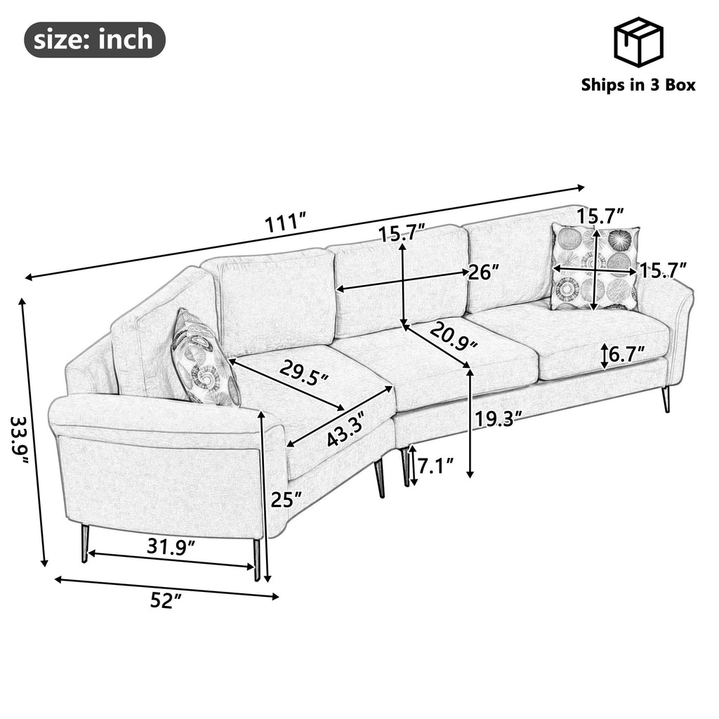 111' Upholstered 3-seater Sofa Curved Sofa Couch with Two Printed Pillows for Living Room, Dark Gray