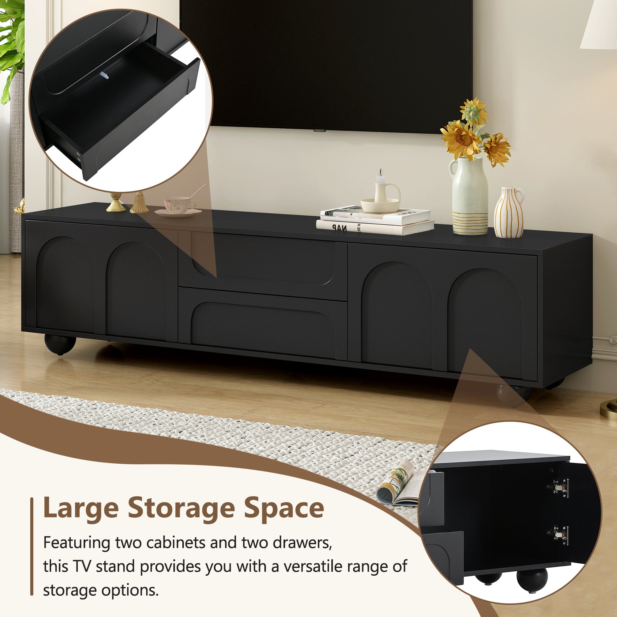 ON-TREND Cream Style TV Stand with Arched Doors & 2 Drawers for TVs up to 75', Minimalist Media Console with Rebound Device, Entertainment Center with 5 Iron Round Legs for Living Room, Bedroom, Black