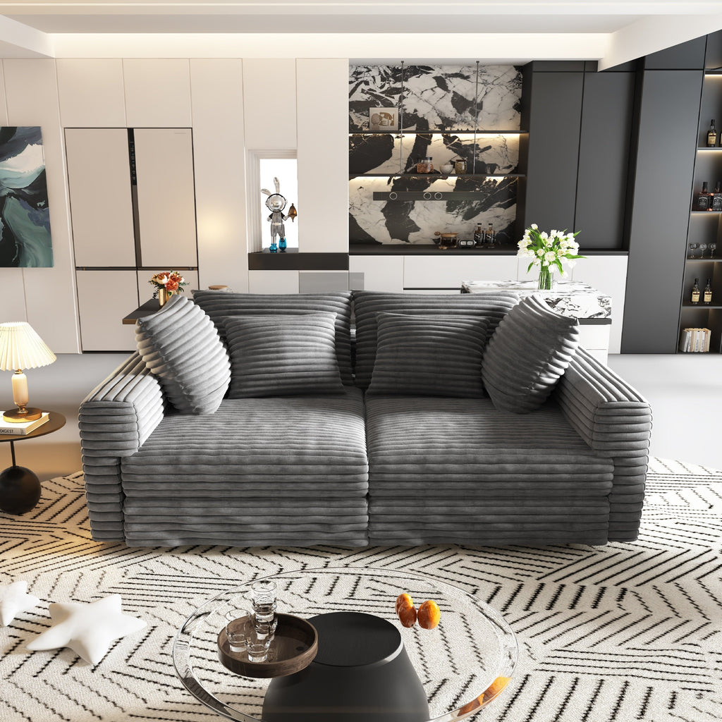 104.3 ' Plush Corduroy 4-Seat Sofa, Modern Comfy Upholstered Sofa Cloud Couch, Deep Seat Couches with Soft Pillows and 2 Ottomans, Convertible Sofa Lounge Chair, for Living Room,Apartment,Office,Grey