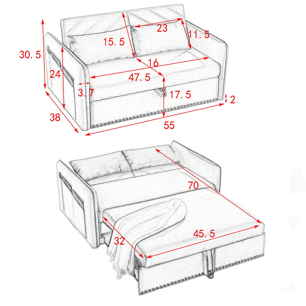 MH' Sleeper Sofa Bed w/USB Port, 3-in-1 adjustable sleeper with pull-out bed, 2 lumbar pillows and side pocket, soft velvet convertible sleeper sofa bed, suitable for living room bedroom