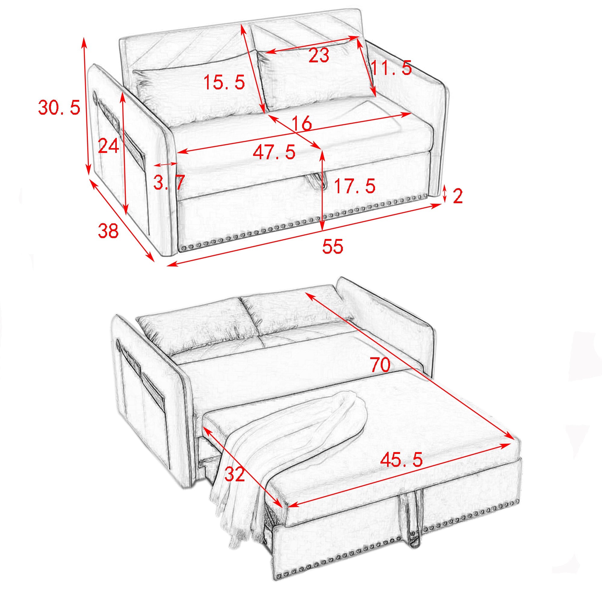 MH' Sleeper Sofa Bed w/USB Port, 3-in-1 adjustable sleeper with pull-out bed, 2 lumbar pillows and side pocket, soft velvet convertible sleeper sofa bed, suitable for living room bedroom