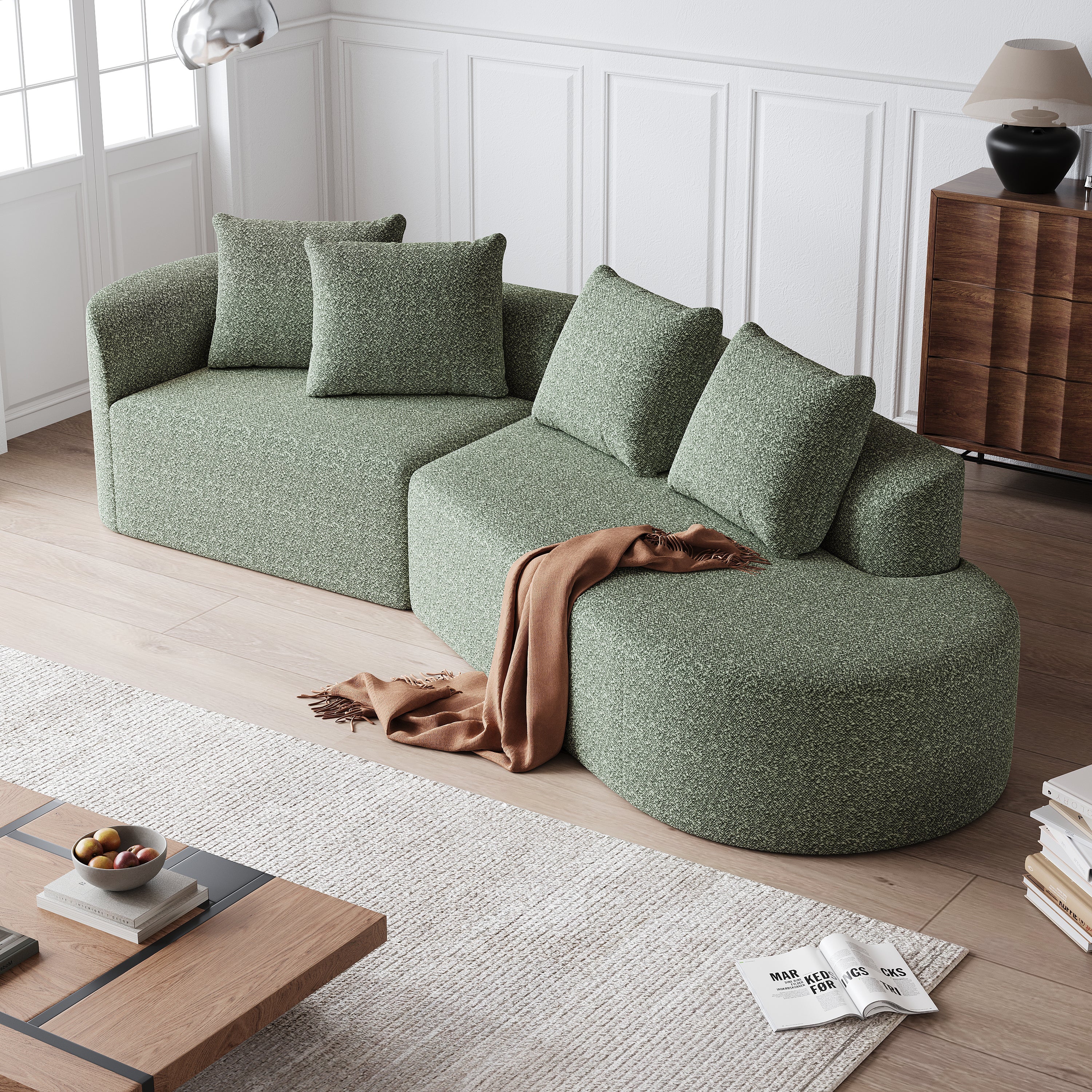 Modern Upholstered Oversized Sectional Sofa, 112-Inch Chenille 4-Seater Extra Deep & Wide Seat Curved Cloud Couch with 4 Throw Pillows, Free Combination Sofa Couch for Living Room,Bedroom
