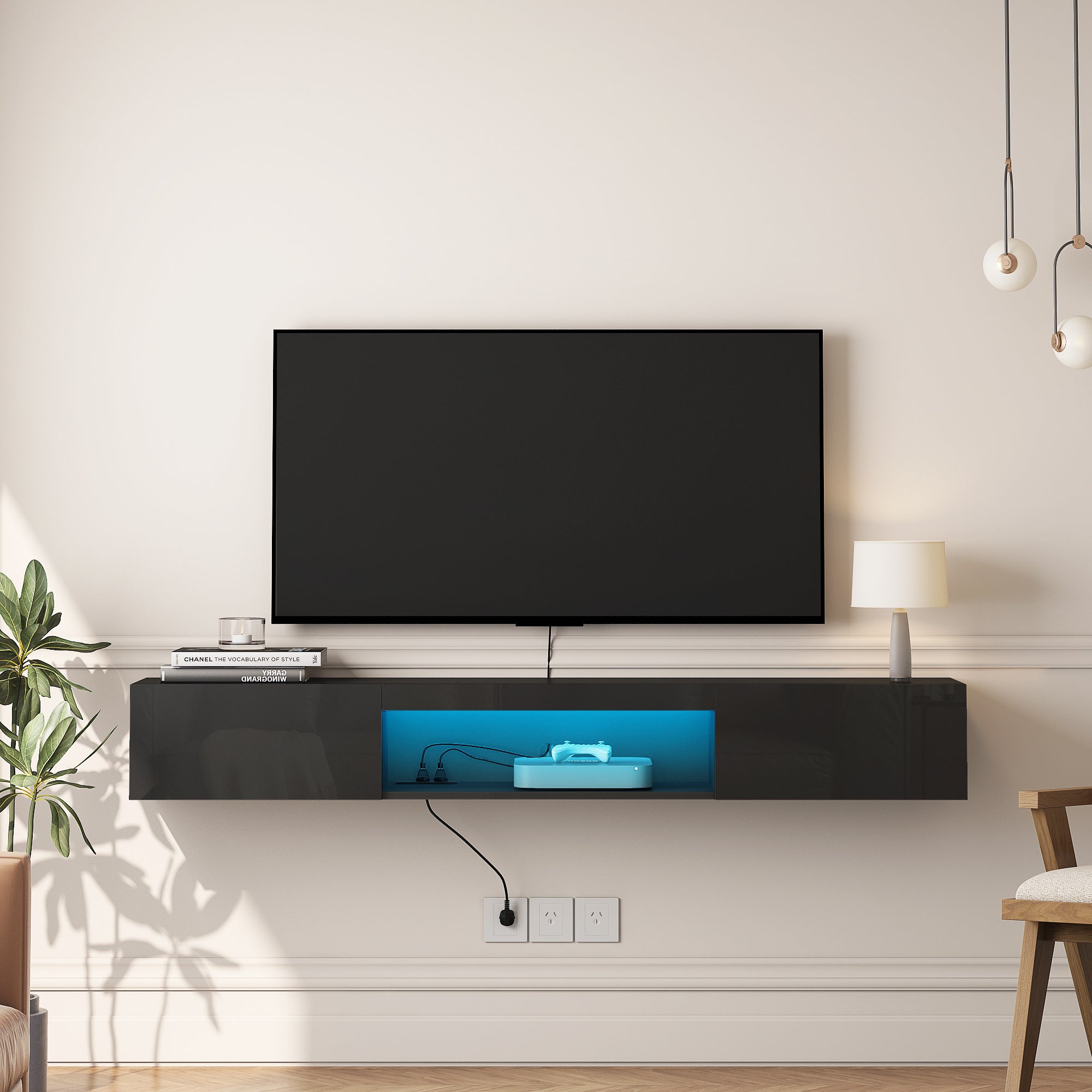 Floating TV Stand Wall Mounted with 16 Color LEDs,63' Modern TV Stand, Floating TV Cabinet Entertainment Center for 55 60 65 Inch TV,Black