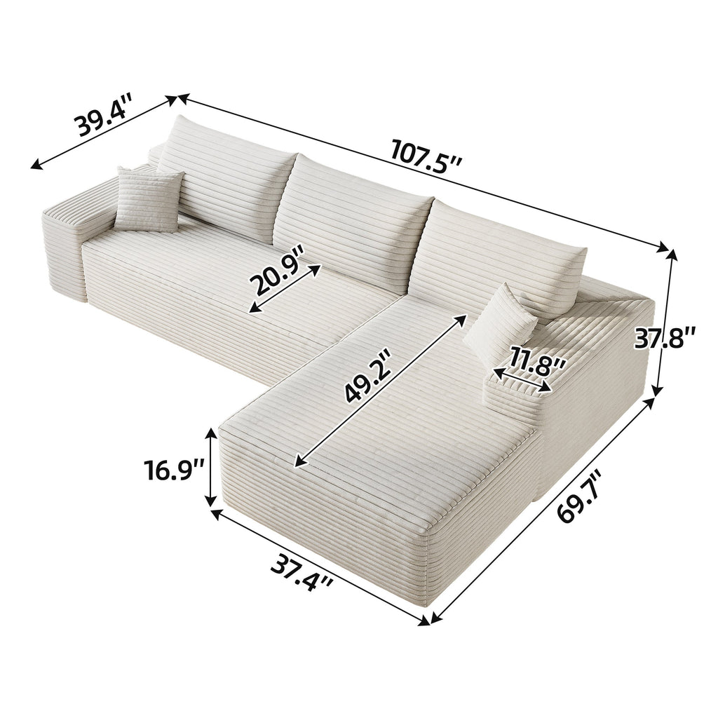 107' Cloud Sectional Couch with L-Shape Chaise,Modern Modular Sofa with Deep Seat, Upholstered Couches for Living Room Bedroom,No Assembly Required, (Plush Corduroy Fabric),White