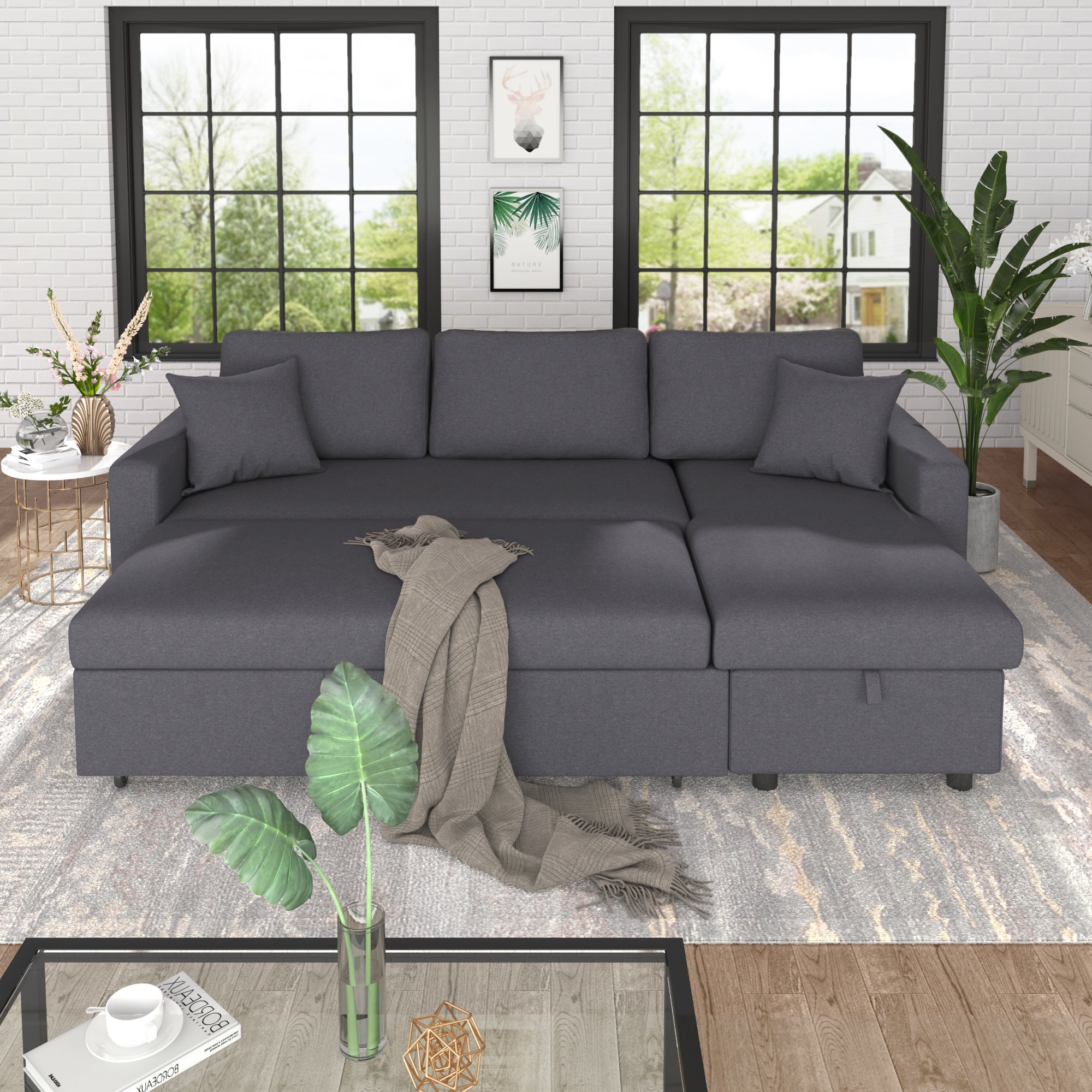 U_STYLE 87.44' Upholstery Sleeper Sectional Sofa Grey with Storage Space, 2 Tossing Cushions
