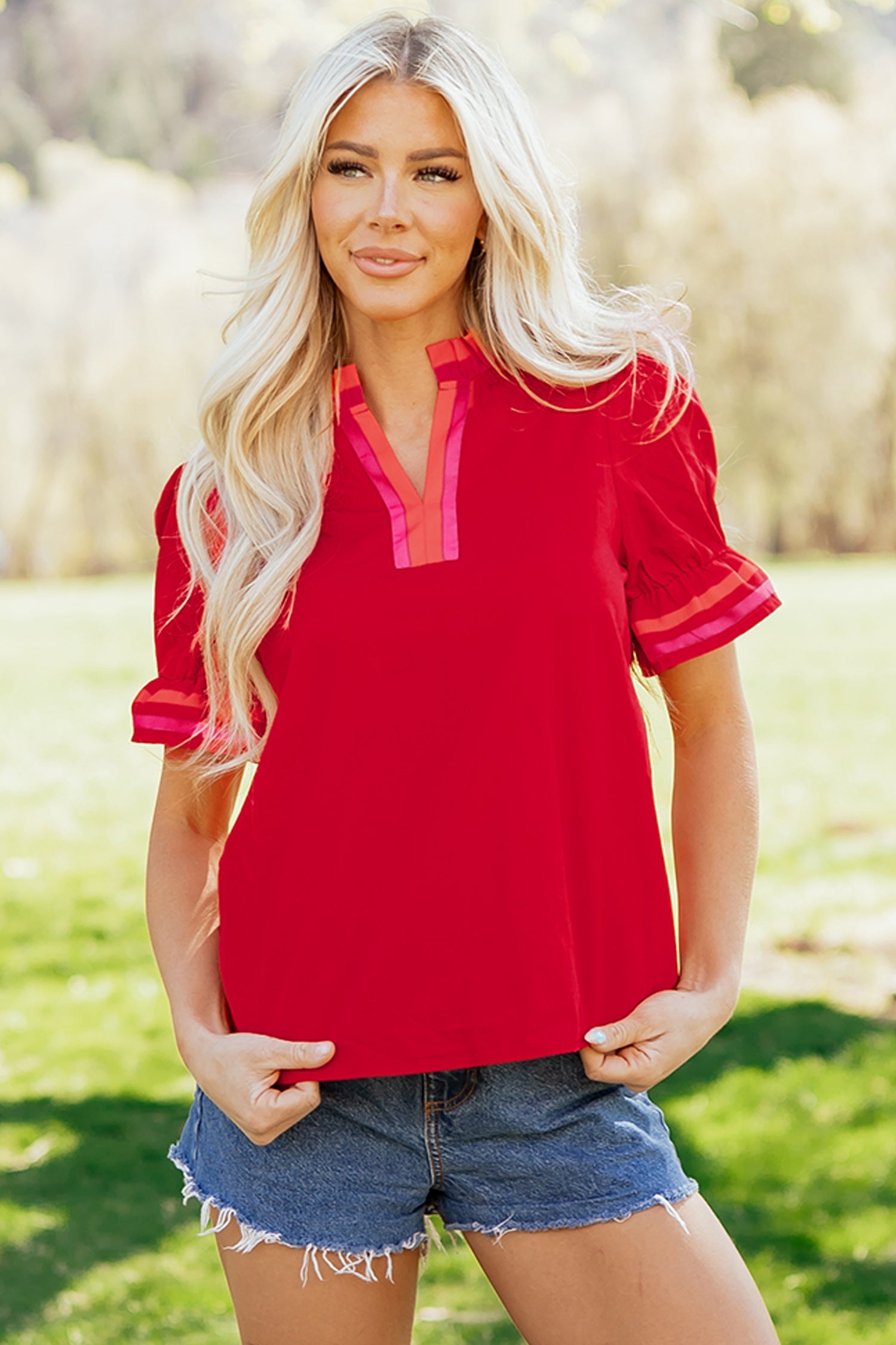 Stripe Frilled V-Neck Ruffle Short Sleeve Blouse